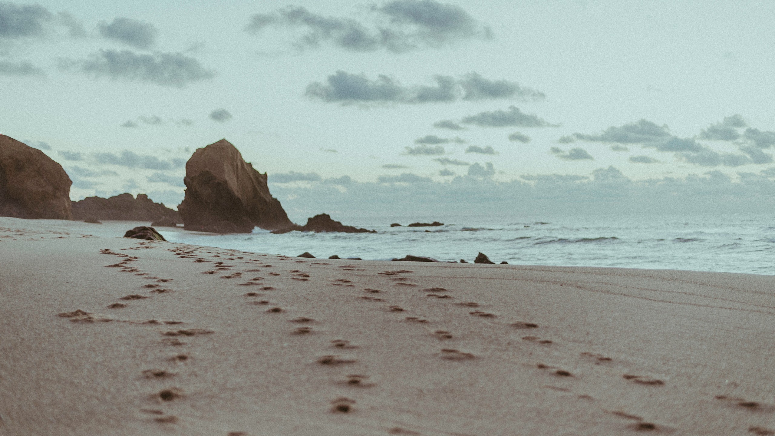 Beach Sand Footprints Rock 2560x1440