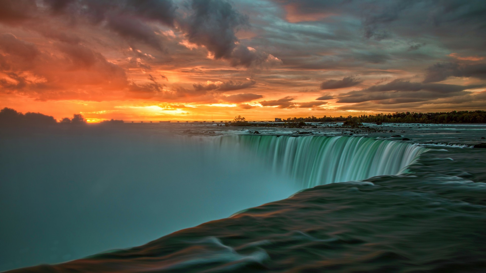 Nature Landscape Sunset Clouds Water Niagara Falls Waterfall Long Exposure Trees Stones Canada Ontar 1920x1080