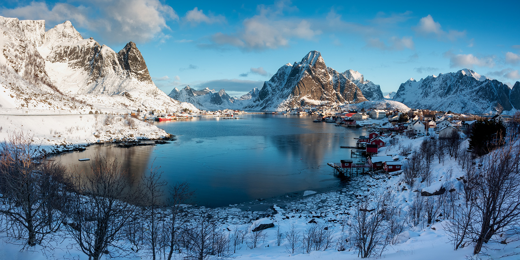 Snow Snowy Mountain Clouds Winter Trees Fall House Lake Sunrise Landscape Reine Norway 1800x900
