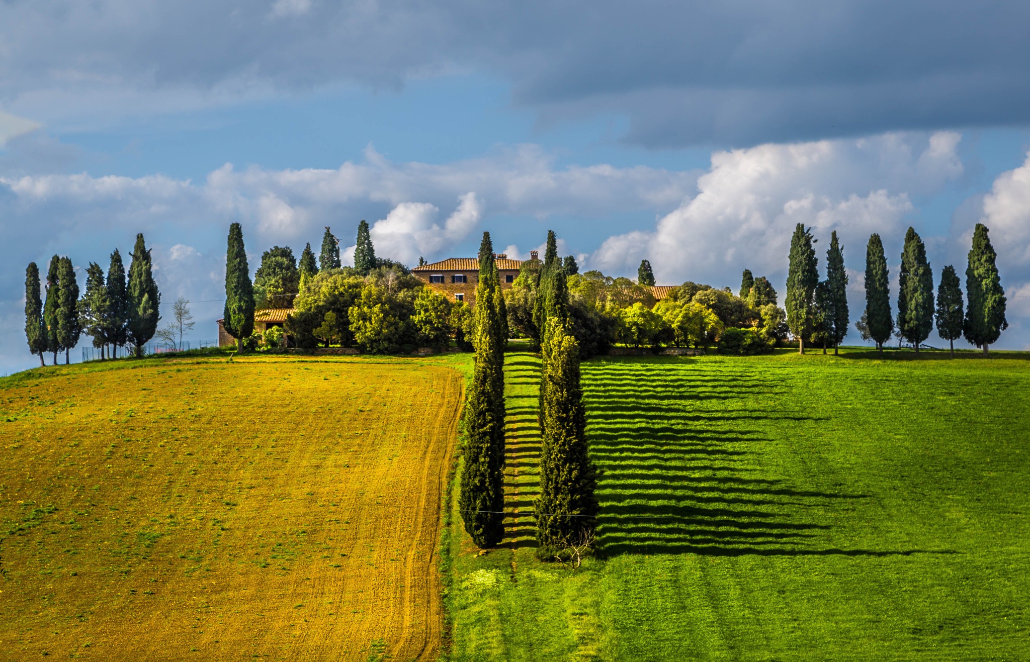 Tuscany Italy Field Trees Villages Clouds Spring Green Nature Landscape 2048x1317