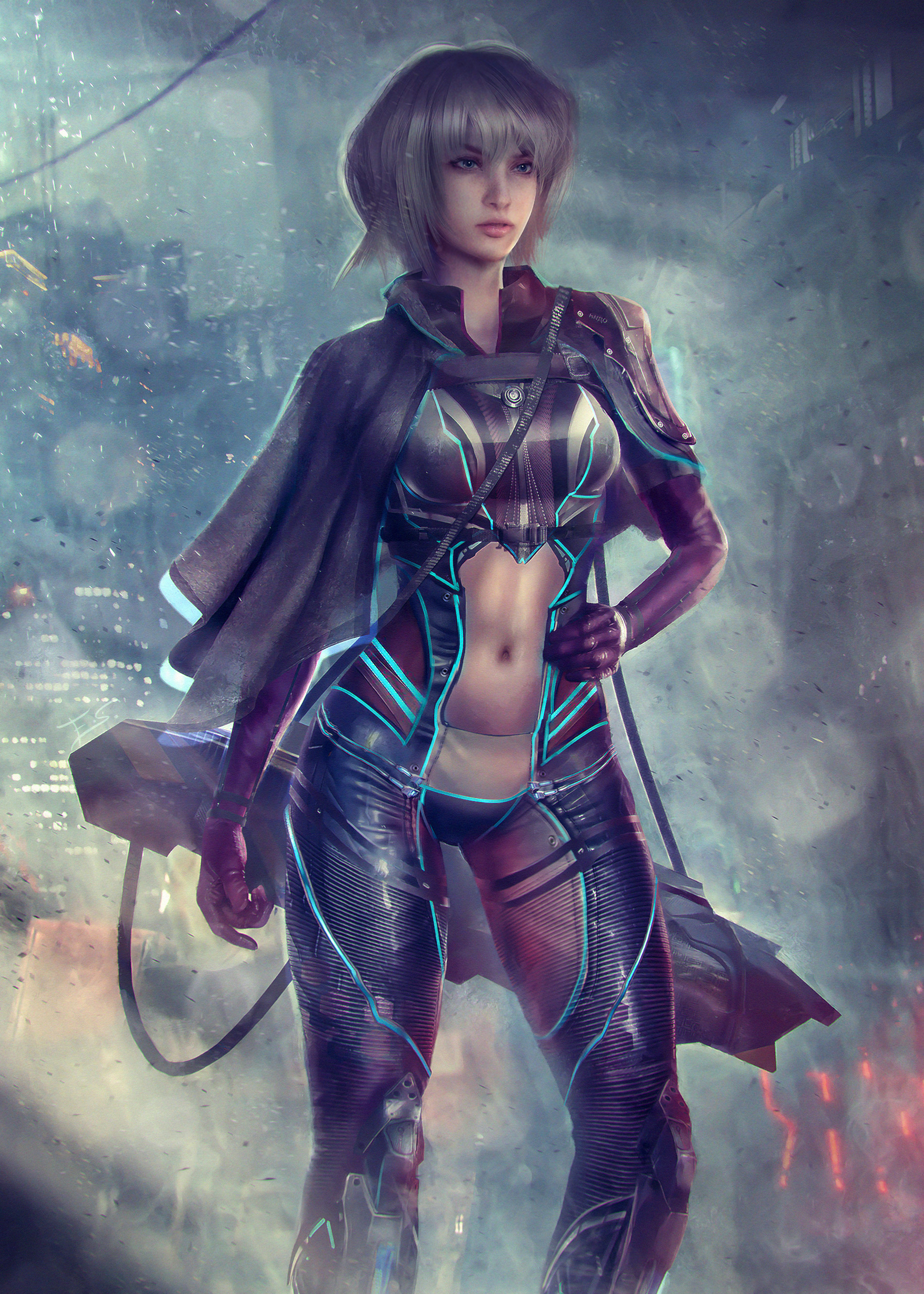 Eddy Shinjuku Women Short Hair Silver Hair Bob Hairstyle Bangs Cape Cyan Blue Weapon Cyberpunk Glove 1830x2562