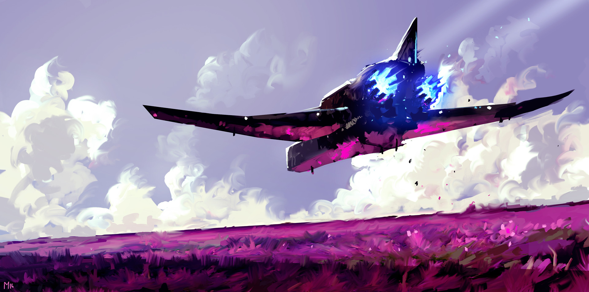 Spaceship Field Colorful Clouds Digital Art Environment Dominik Mayer Futuristic Artwork Vehicle Iro 1920x951