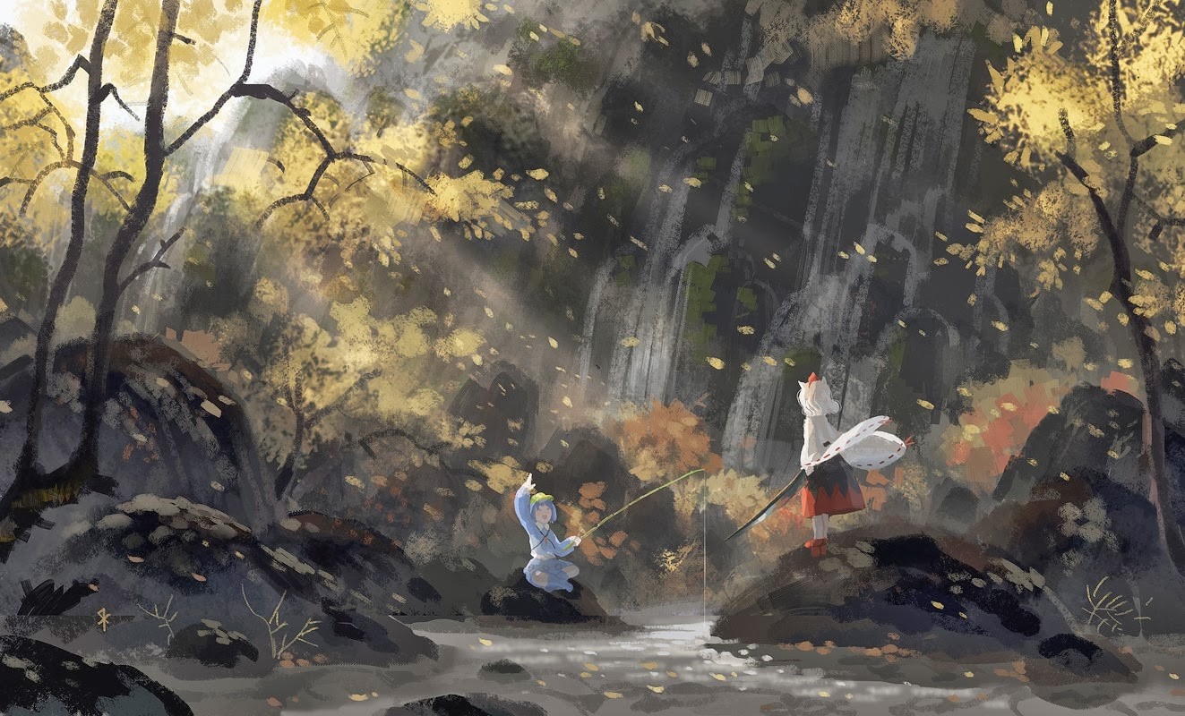 Touhou Artwork Waterfall Sunlight Inubashiri Momiji Kawashiro Nitori Okamimimi Anime 1323x800