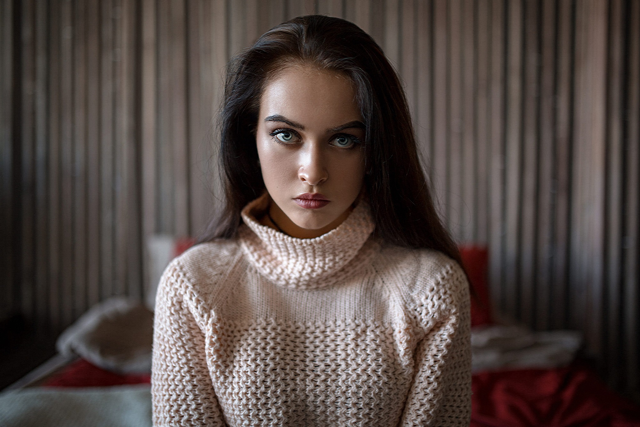 Women Model Brunette Long Hair Looking At Viewer Portrait Indoors Gray Eyes Face Sweater Depth Of Fi 2048x1365
