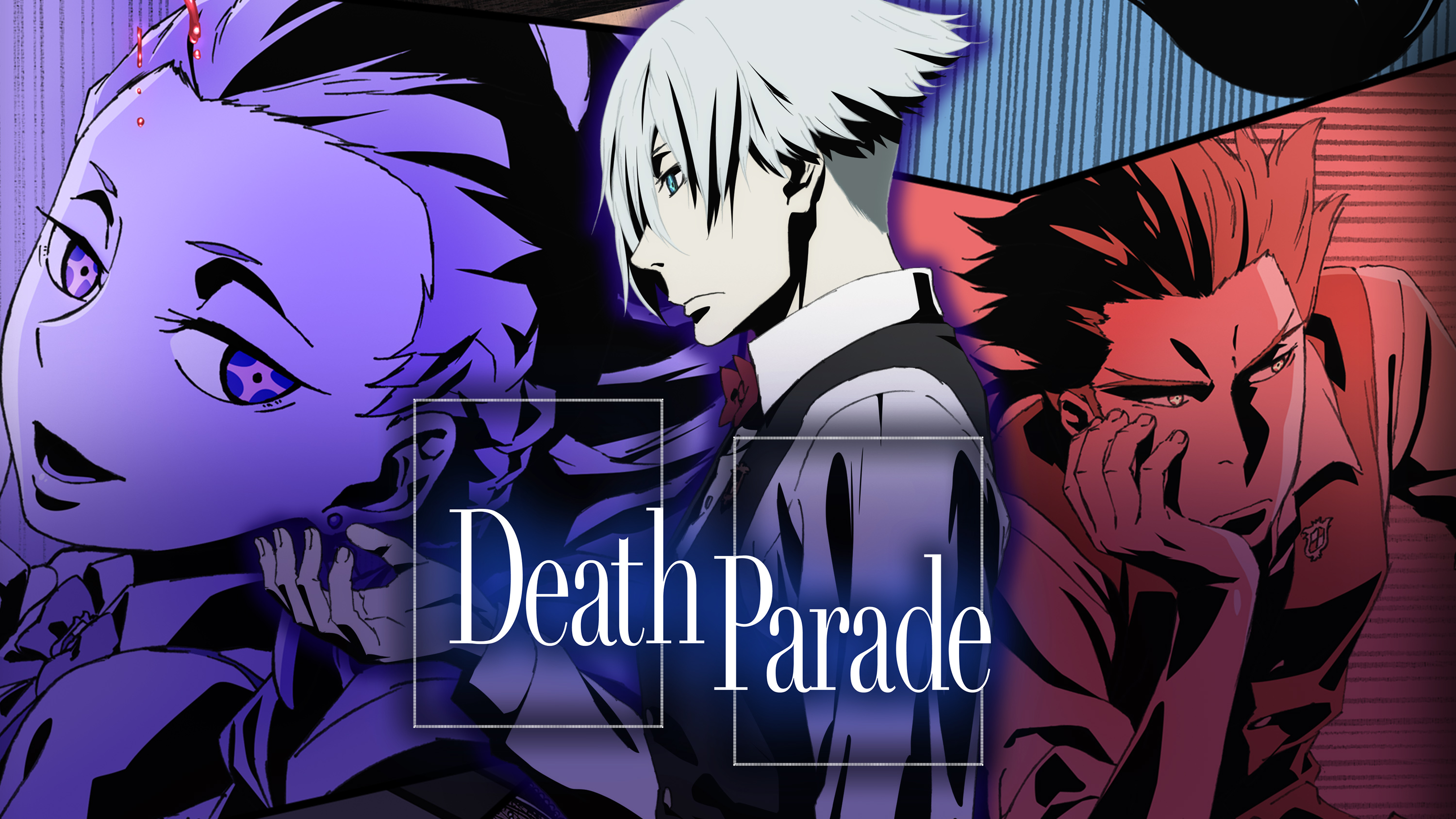 Decim Death Parade Nona Death Parade Ginti Death Parade White Hair Purple Eyes Blue Eyes Death Parad 3000x1688