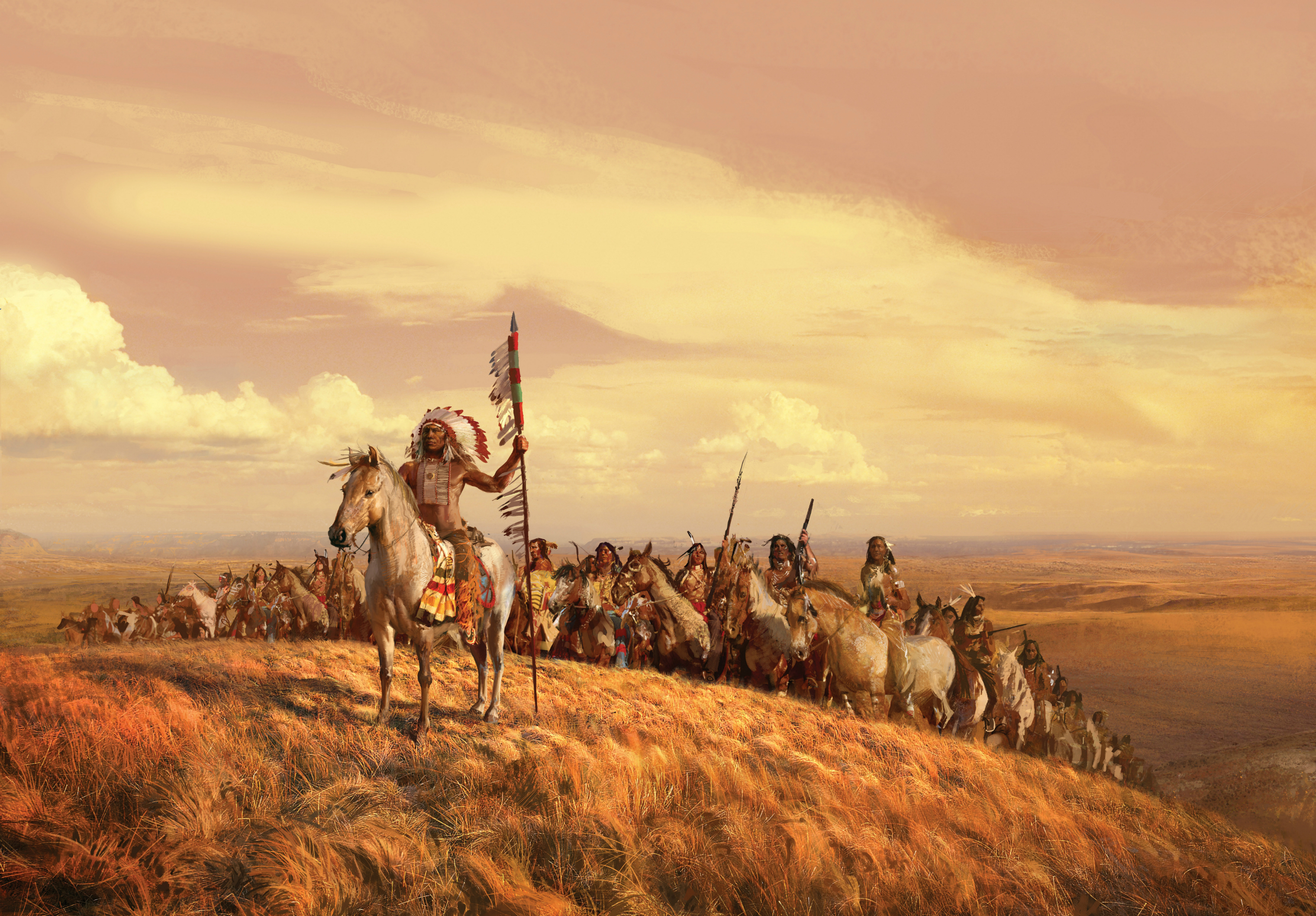 Artwork Painting Native Americans Horse Native American Clothing Nature Hills Clouds Spear Feathers 2712x1888