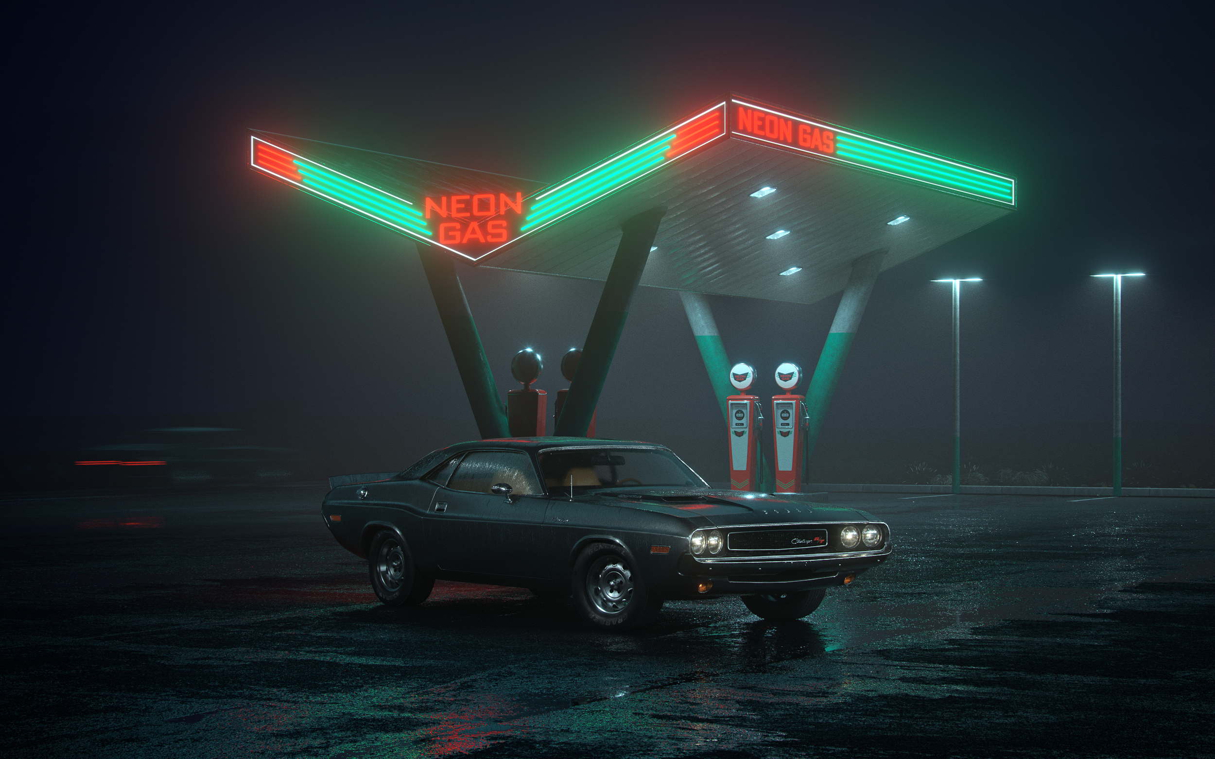 Dodge Challenger R T Car Neon Gas Stations Night 2500x1562