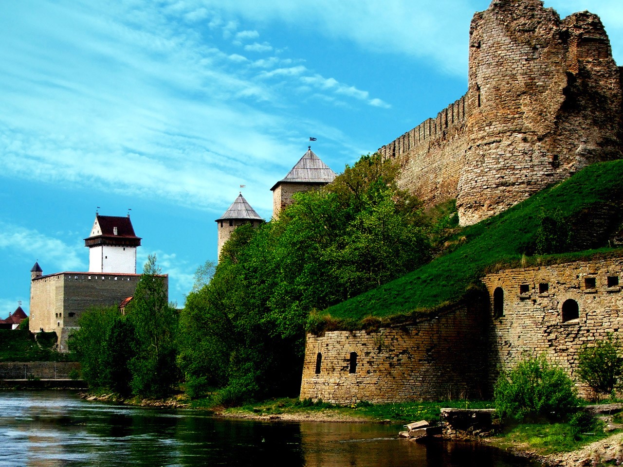 Water Castle Wall Architecture Fort River Narva Ruin Russia 1280x960