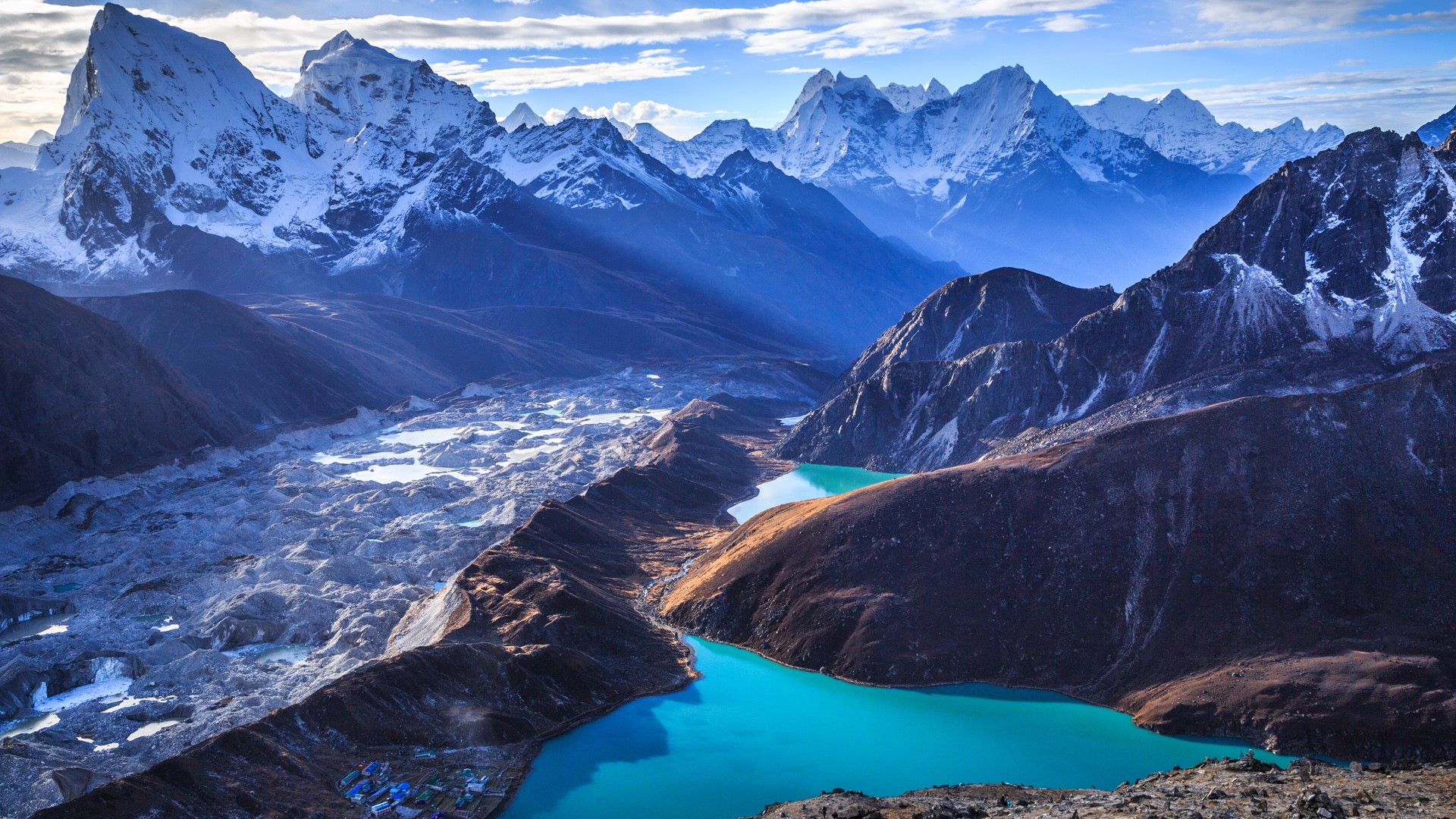 Nature Landscape Mountains Glacier Clouds Sky Snowy Mountain Snowy Peak Water Lake Sun Rays Morning  1920x1080