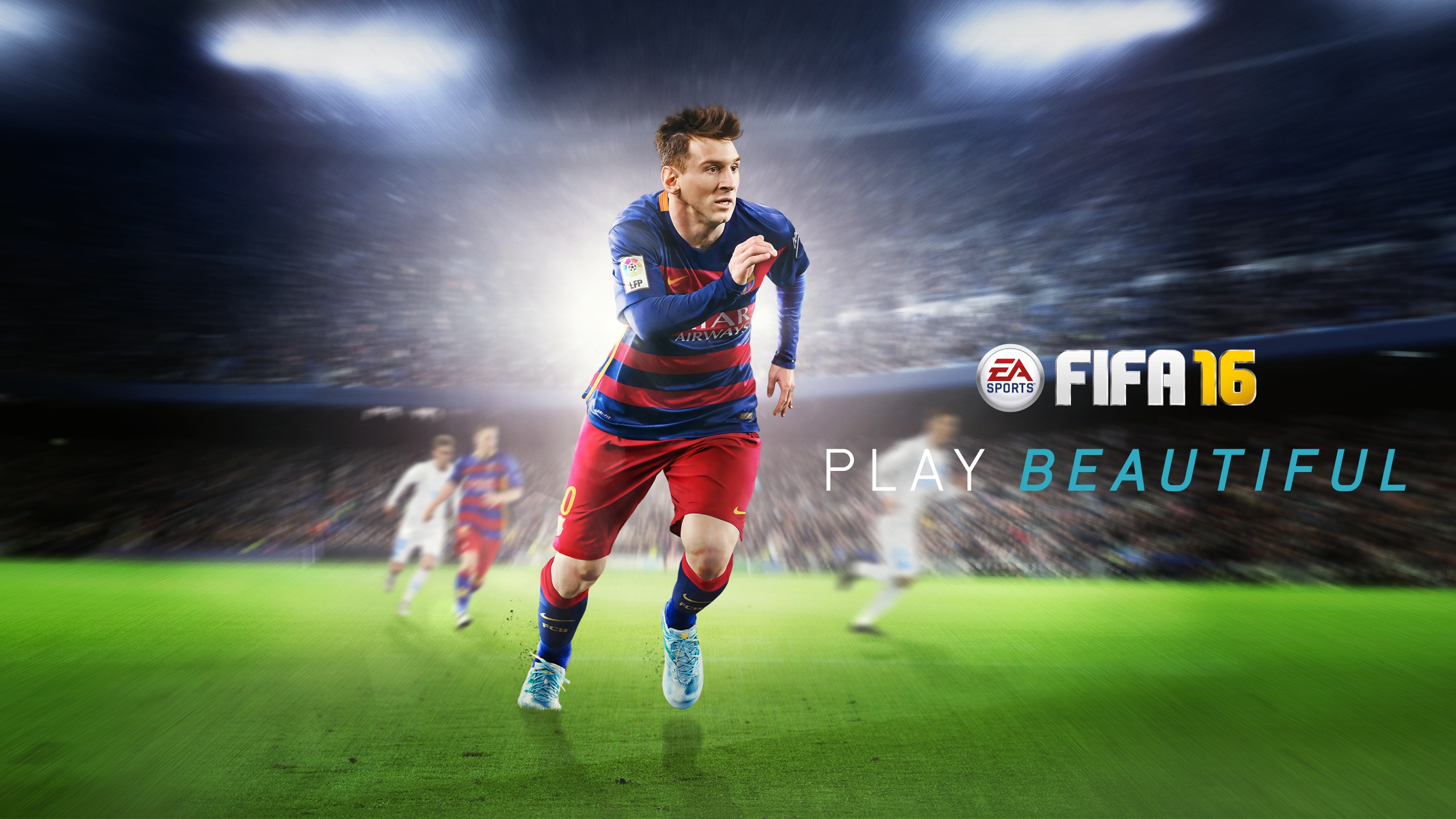 FiFA 16 Logo Video Games Lionel Messi Running Stadium Crowds Grass 2015 Year Soccer FC Barcelona EA  2560x1440