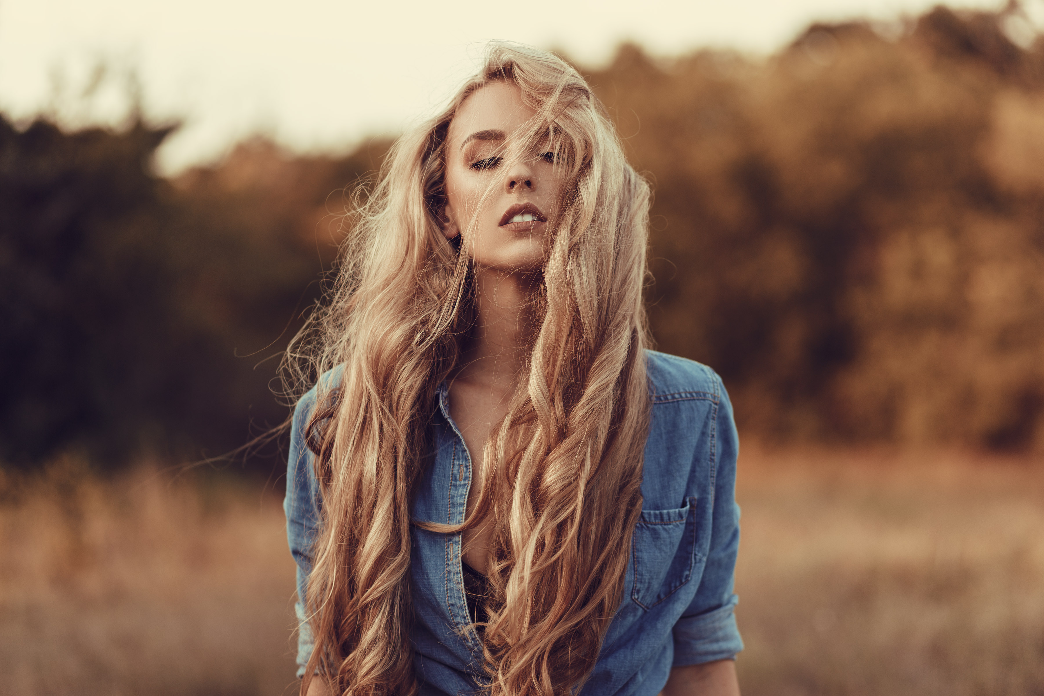 Women Blonde Long Hair Depth Of Field Women Outdoors Shirt Denim Shirt Closed Eyes 3600x2400