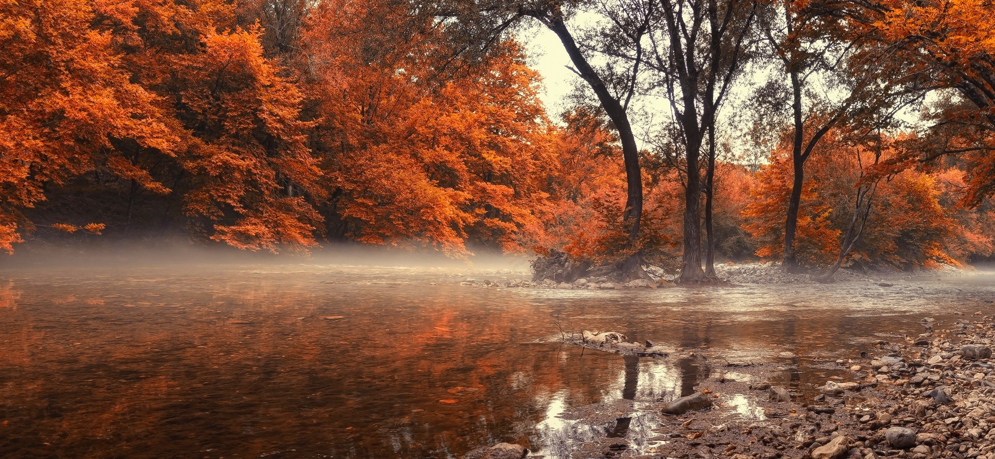 Landscape Nature Fall River Greece Forest Mist Water Trees Amber 1976x912