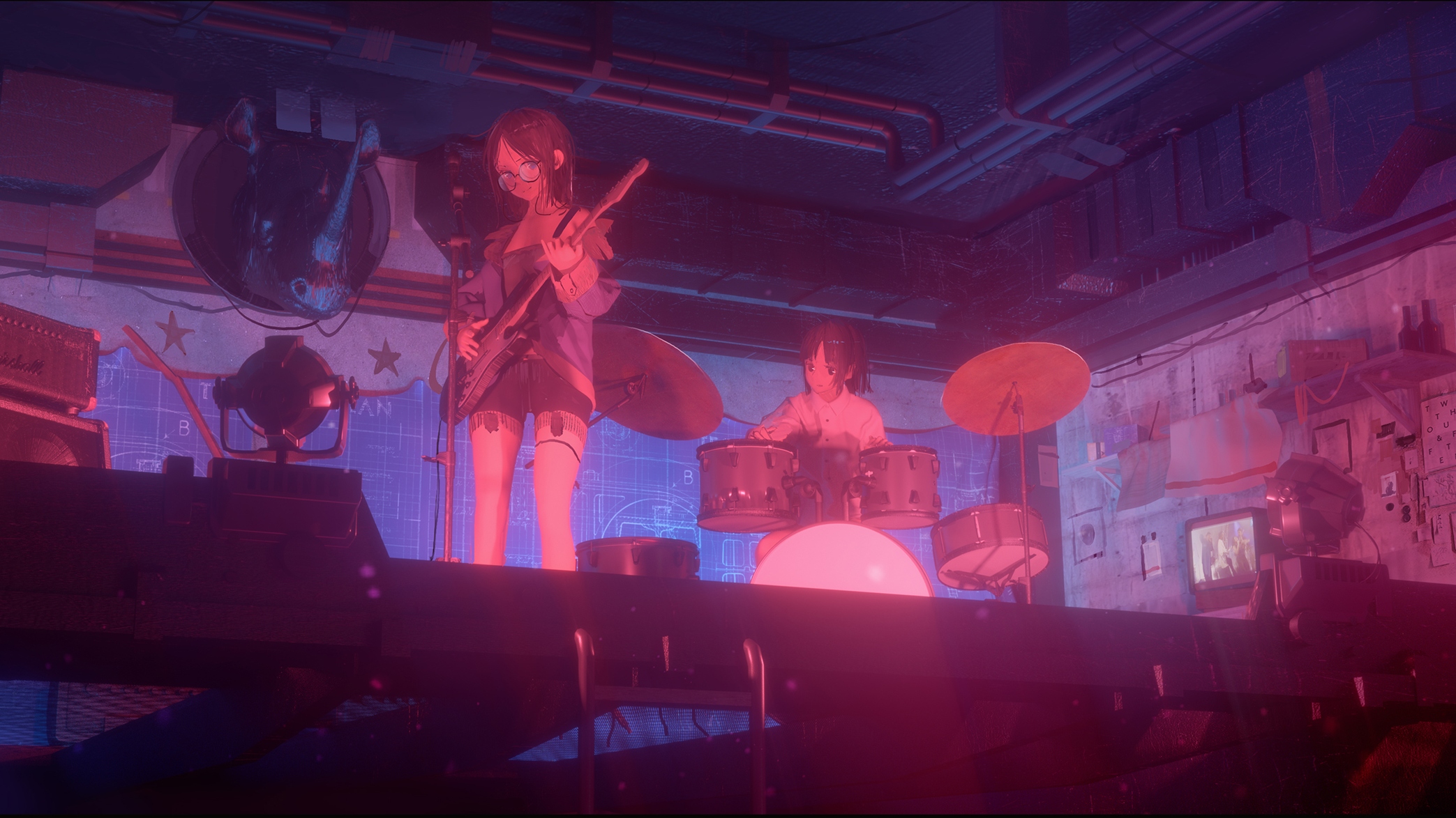 Guitar Drums Anime Girls Musical Instrument Anime Novelance 2087x1174