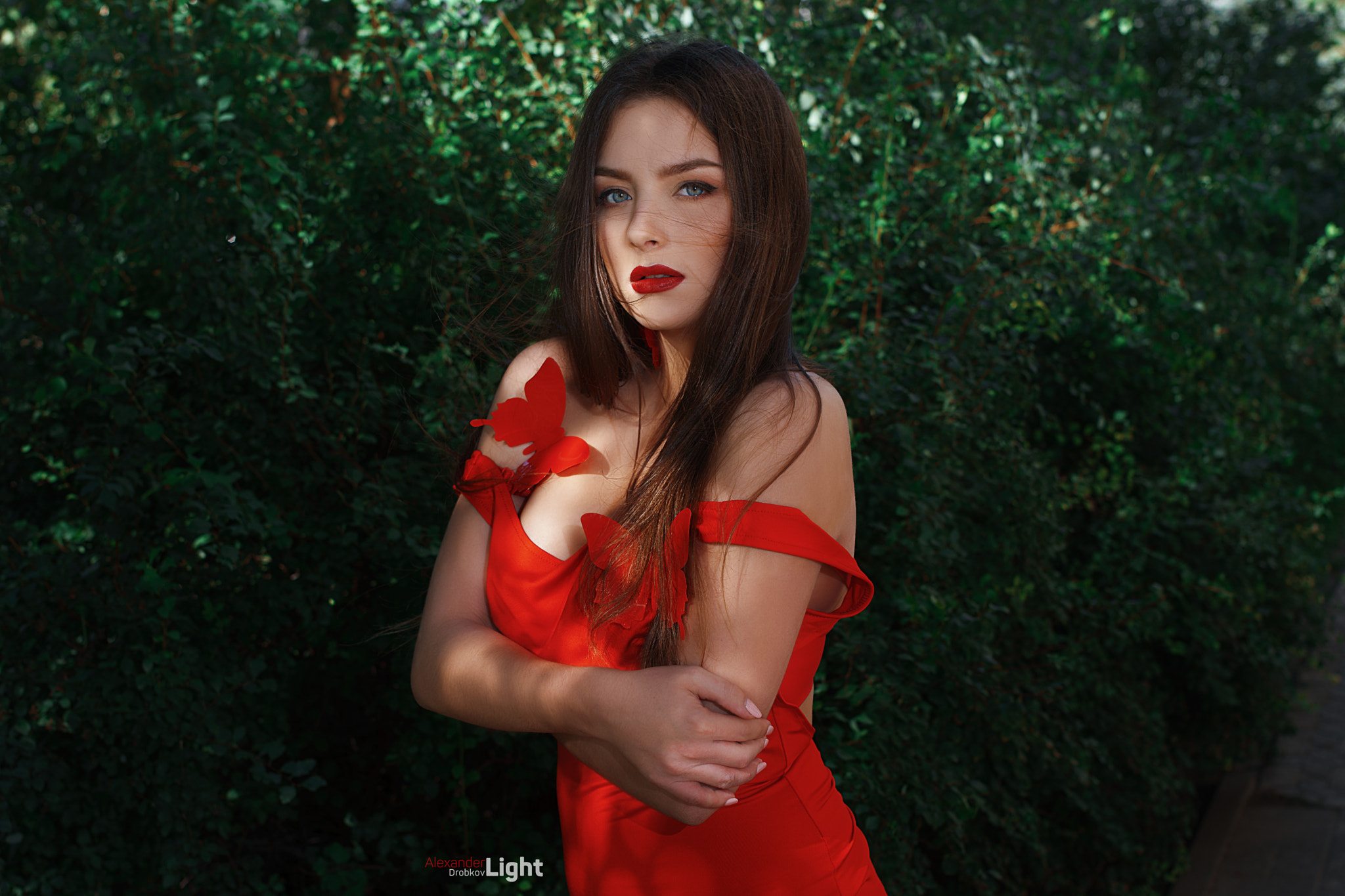 Women Red Lipstick Portrait Red Dress Arms Crossed Alexander Drobkov Brunette Julia 2048x1365