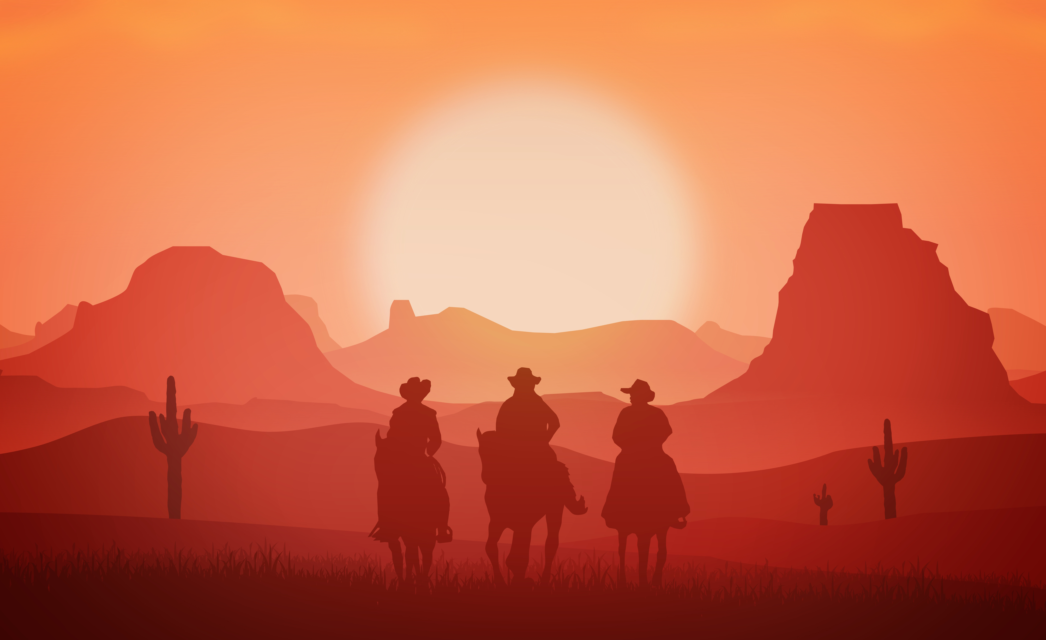 Western Cowboys Landscape Men Horse Horse Riding Sunset Artwork 4010x2453
