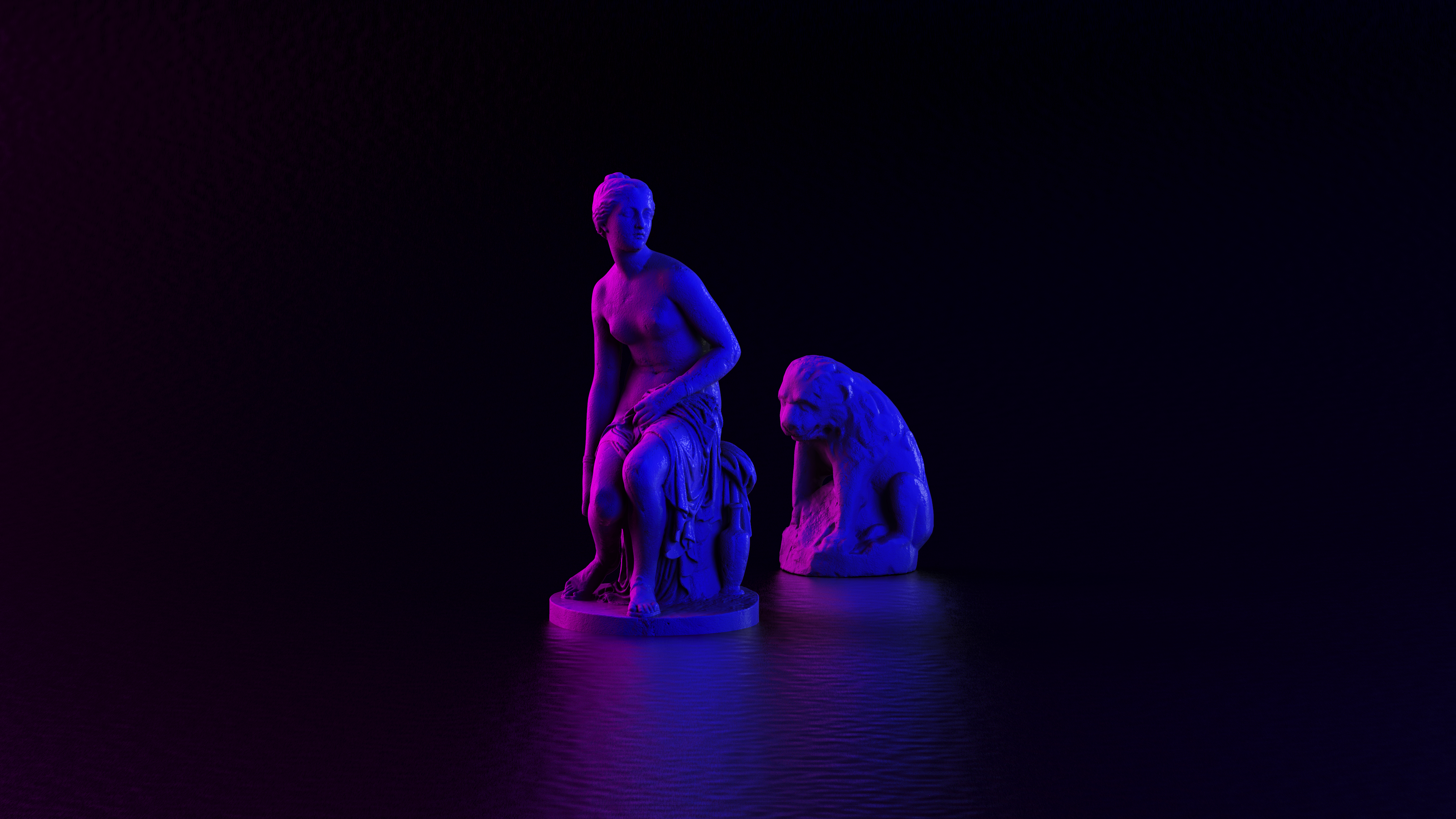 Statue 3D Render Neon Lights Women 4K Stones Marble Dark Geek 3840x2160