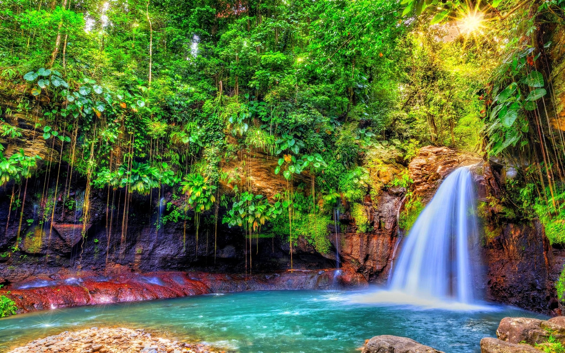 Nature Landscape Waterfall Forest Sun Rays Shrubs Colorful Trees Tropical Island Caribbean 1920x1200
