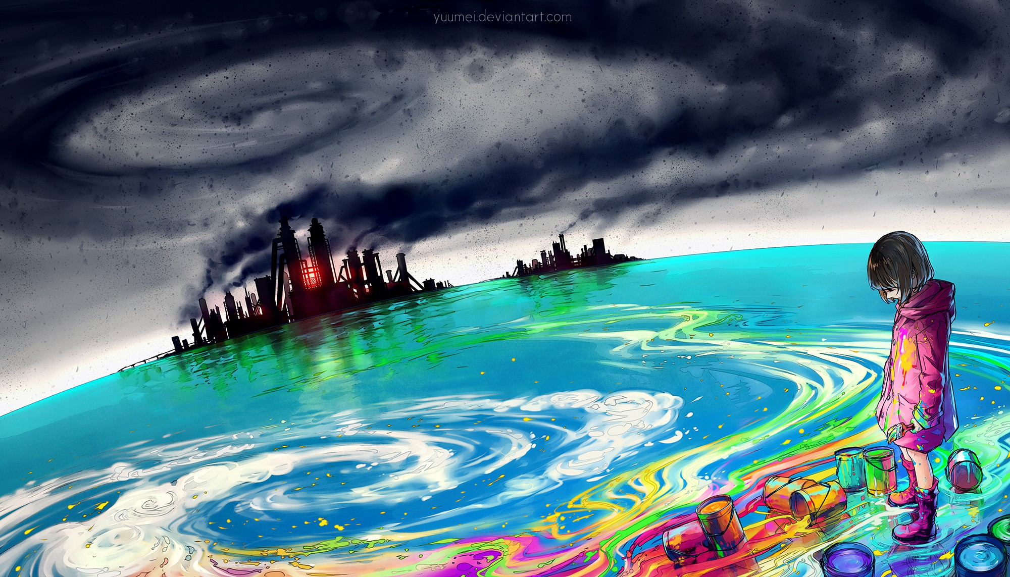 Colorful Digital Art Yuumei Environment Pollution 2000x1143