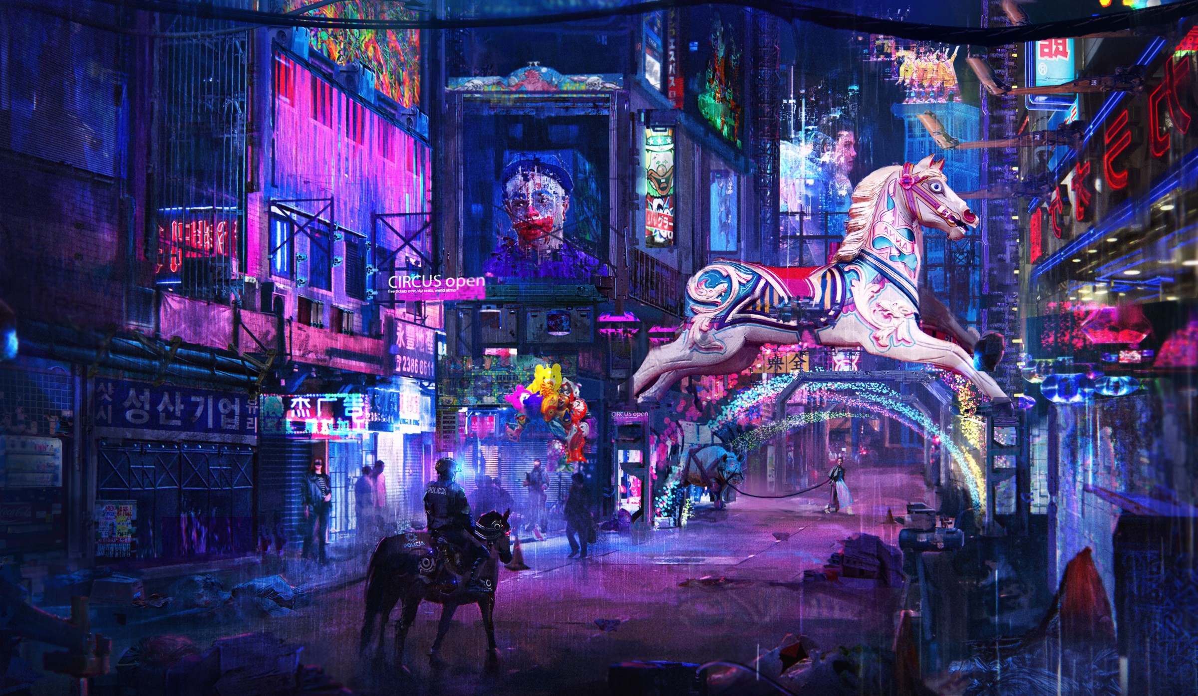 Artwork Digital Digital Art Concept Art Futuristic Street Circus Cyberpunk Science Fiction 2D People 2400x1396