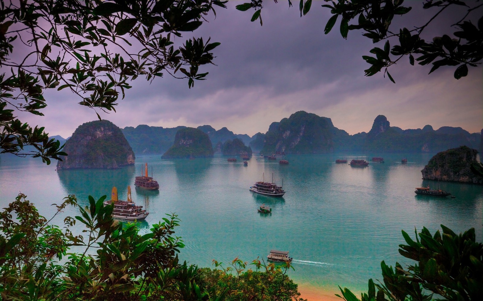 Earth Ha Long Bay Vietnam Boat Turquoise Blue Rock Sea Tree 1600x1000