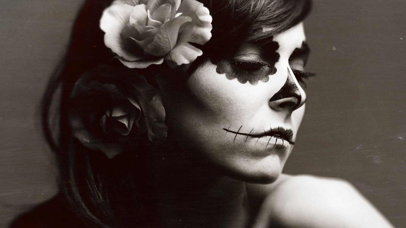 Sugar Skull Sepia Dia De Los Muertos Women Model Flower In Hair Face Hannah Ray 1366x768