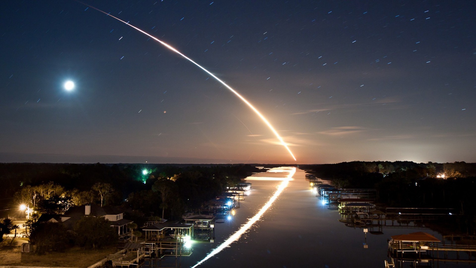 Digital Art Landscape Night Stars Star Trails Shooting Stars Space City Moon Boat River 1920x1080