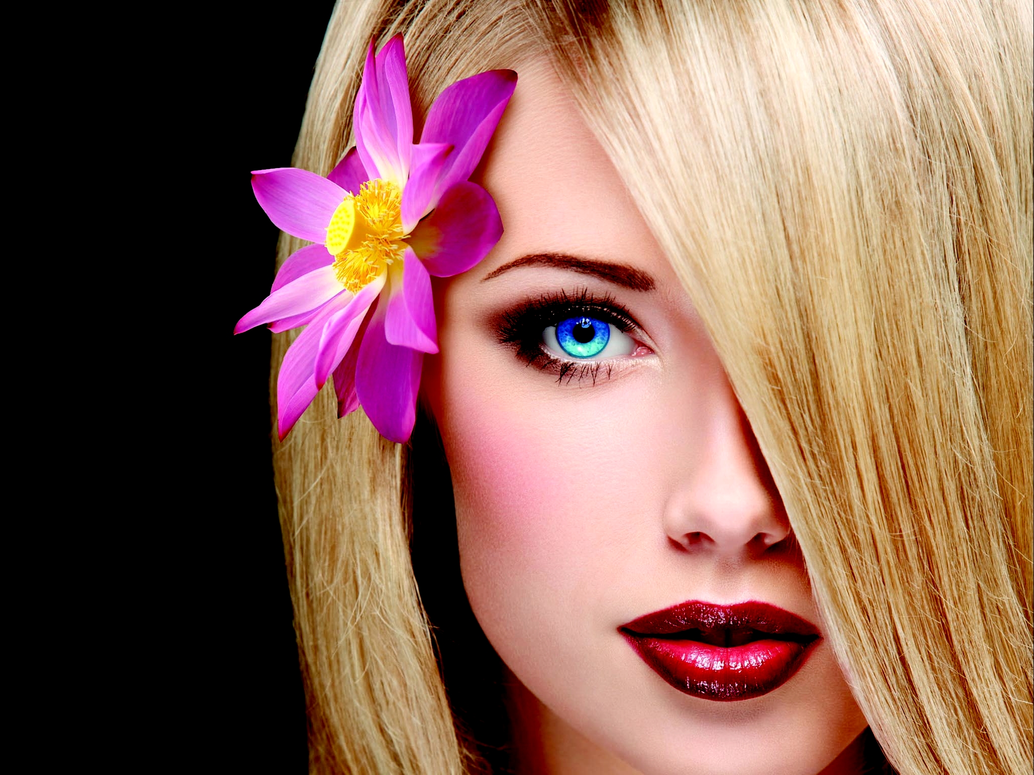 Woman Face Girl Blonde Flower Lotus Purple Flower Blue Eyes 2048x1536