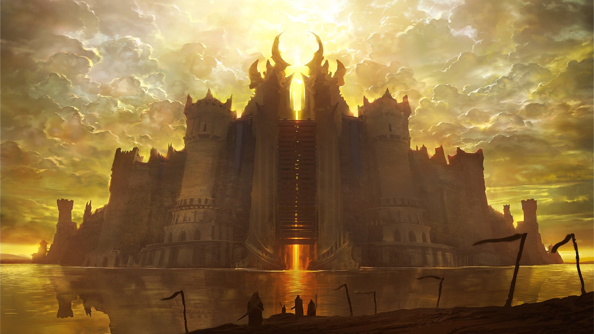 Noah Bradley Fantasy Art Castle Artwork Digital Art Reflection Fantasy City Frontal View 1920x1080