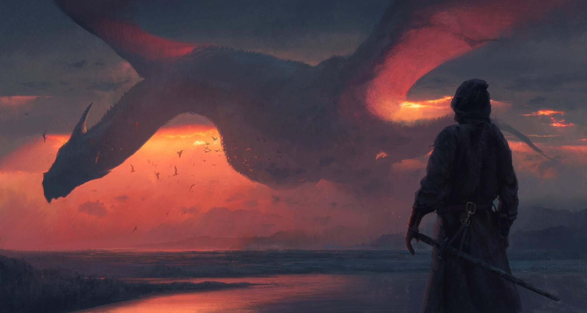 Swang Medieval Fantasy Art Dragon Sunset Knight Digital Art Artwork Creature 1920x1024