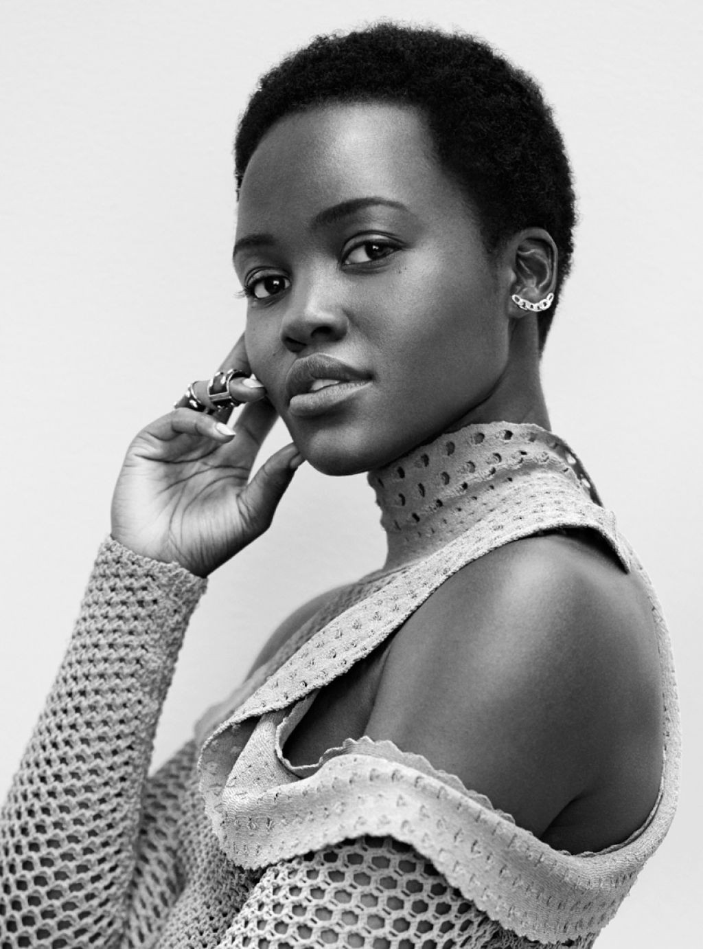 Lupita Nyongo Actress Monochrome Rings Women Black Women Brunette Short Hair Dark Eyes Portrait Bare 1024x1381