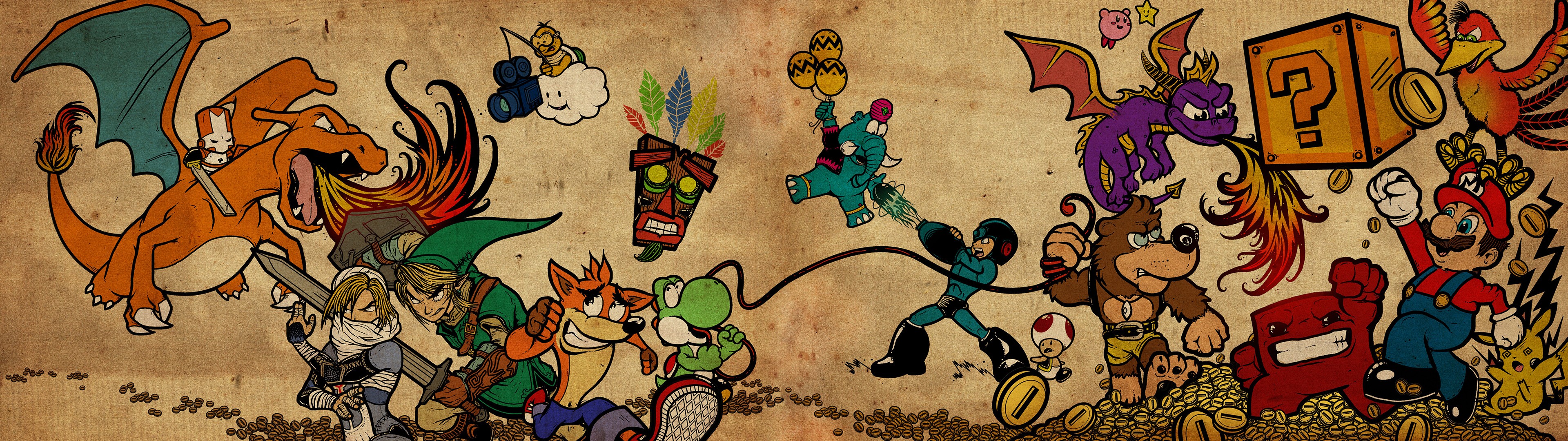 Pokemon Trainers Video Games The Legend Of Zelda Link Yoshi Kirby Spyro Super Meat Boy Crash Bandico 3840x1080