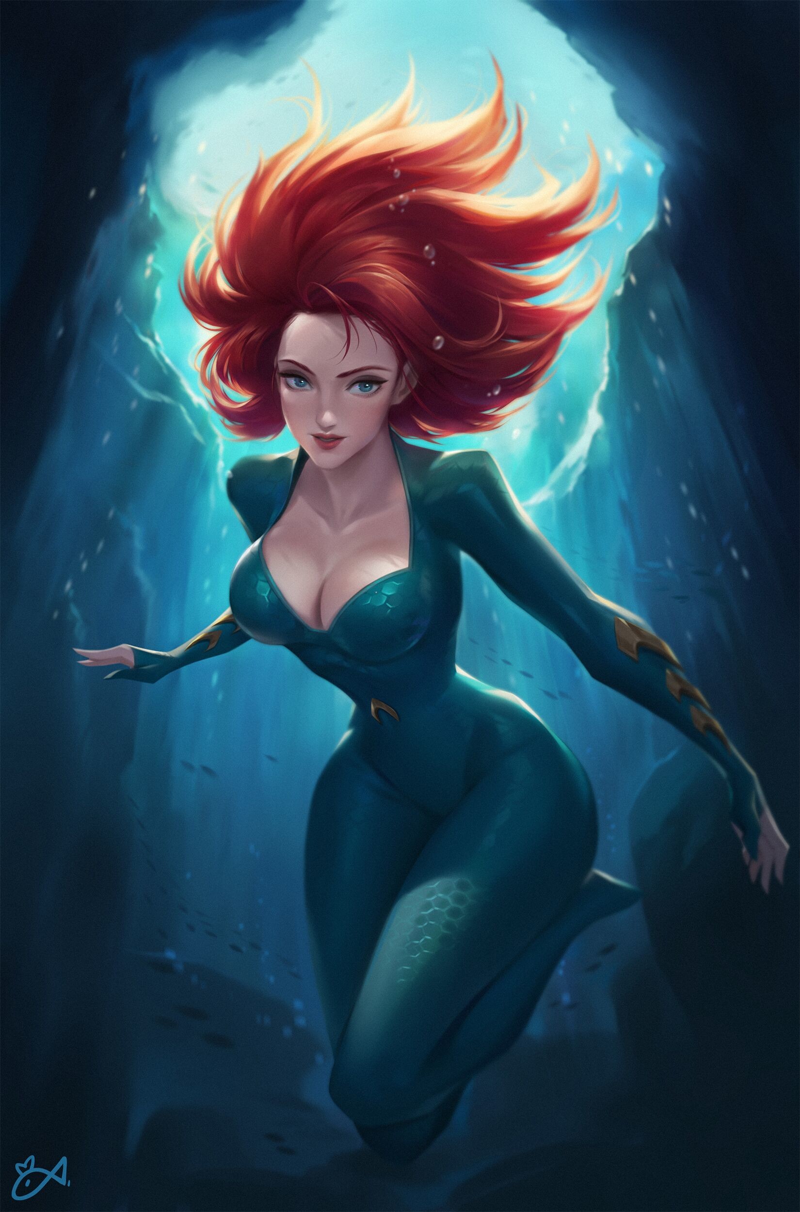 Mera Aquaman Justice League DC Comics Anime Girls Women Redhead Blue Eyes Underwater Deep Sea Sea Lo 1650x2500