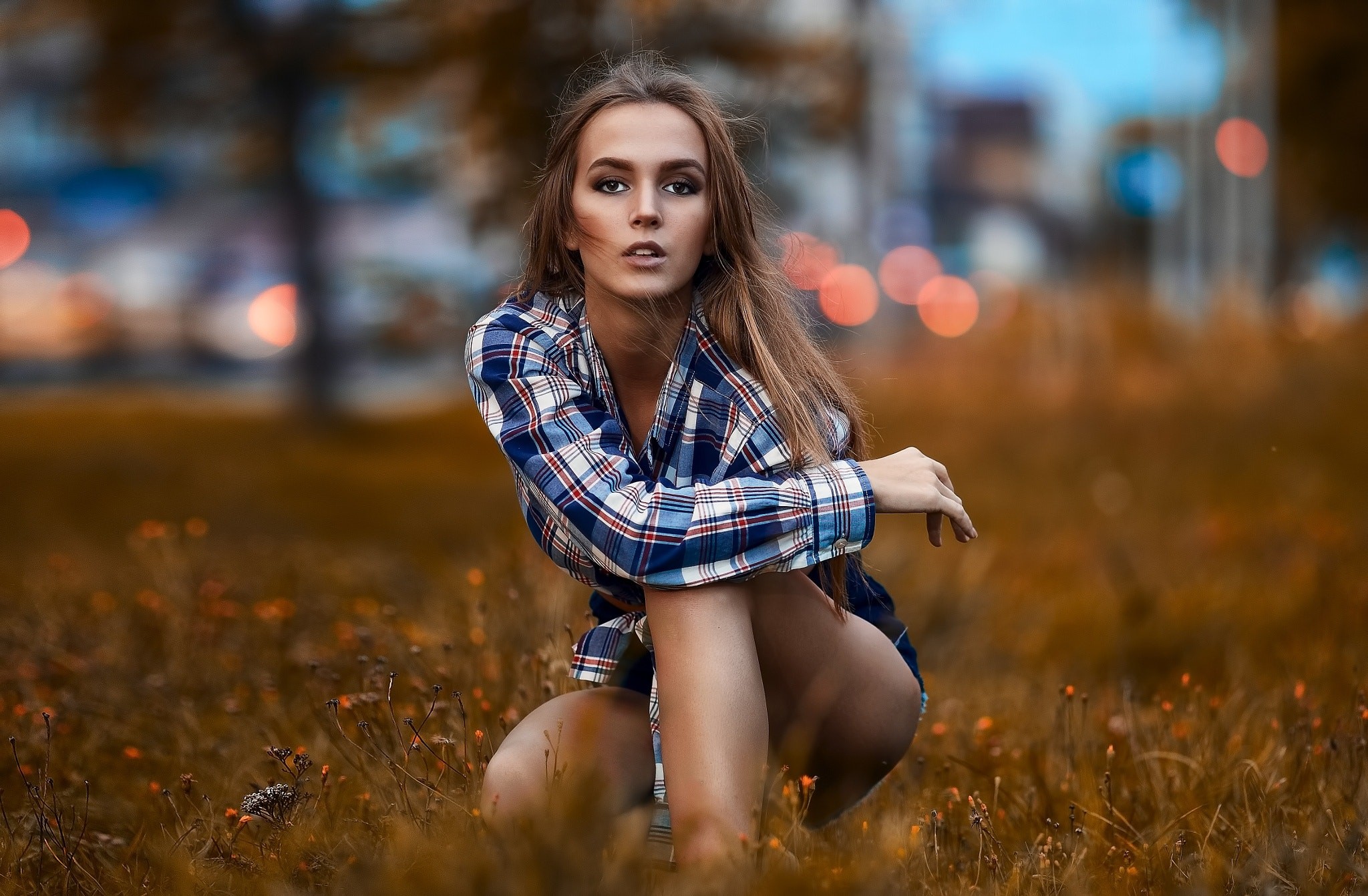 Model Long Hair Blonde Depth Of Field Sergey Baryshev Elena Butusova Plaid Shirt 2048x1342
