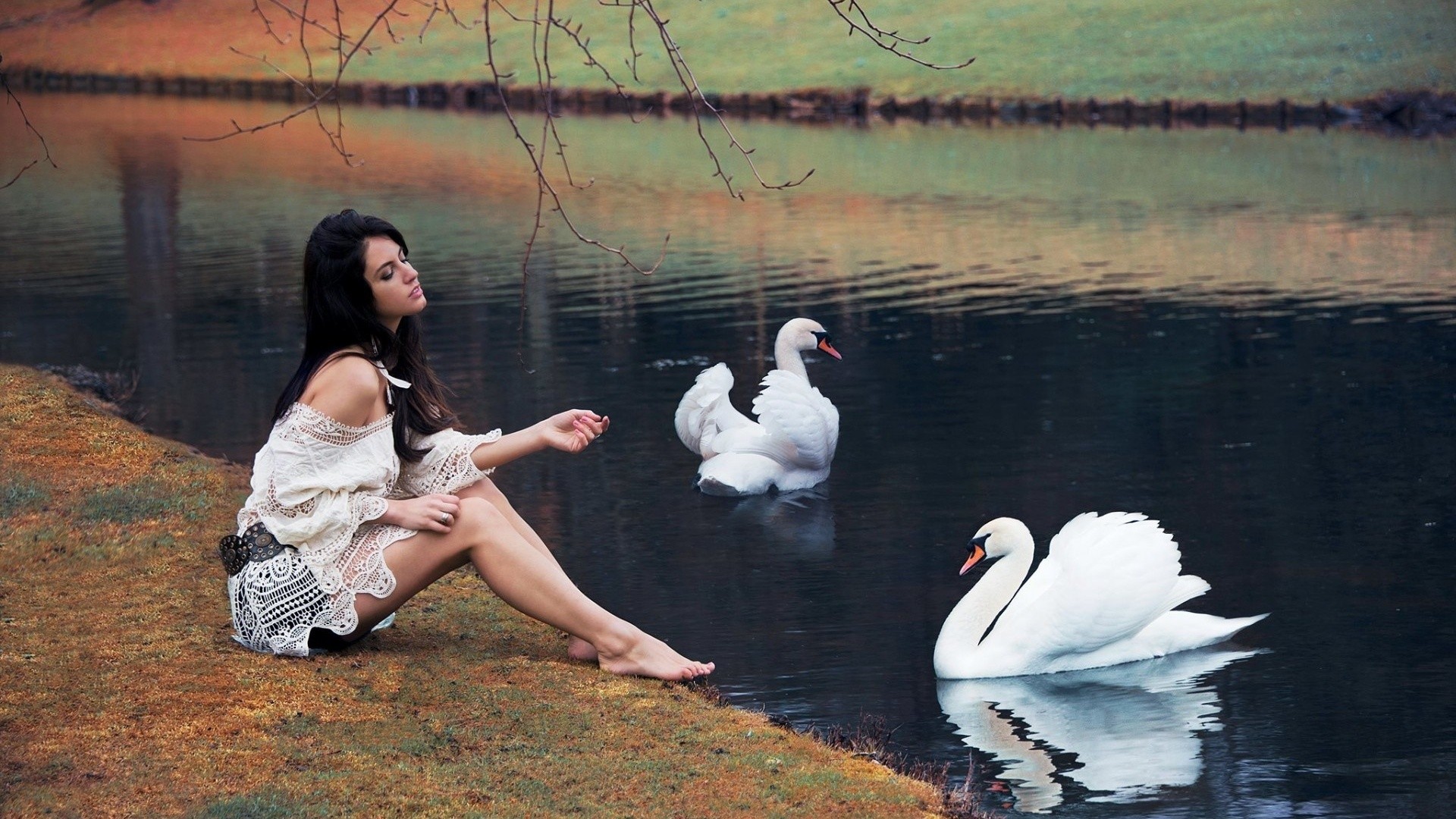 Women Model Brunette Long Hair Women Outdoors Nature Aurela Skandaj Sitting Water Swan Barefoot Bran 1920x1080