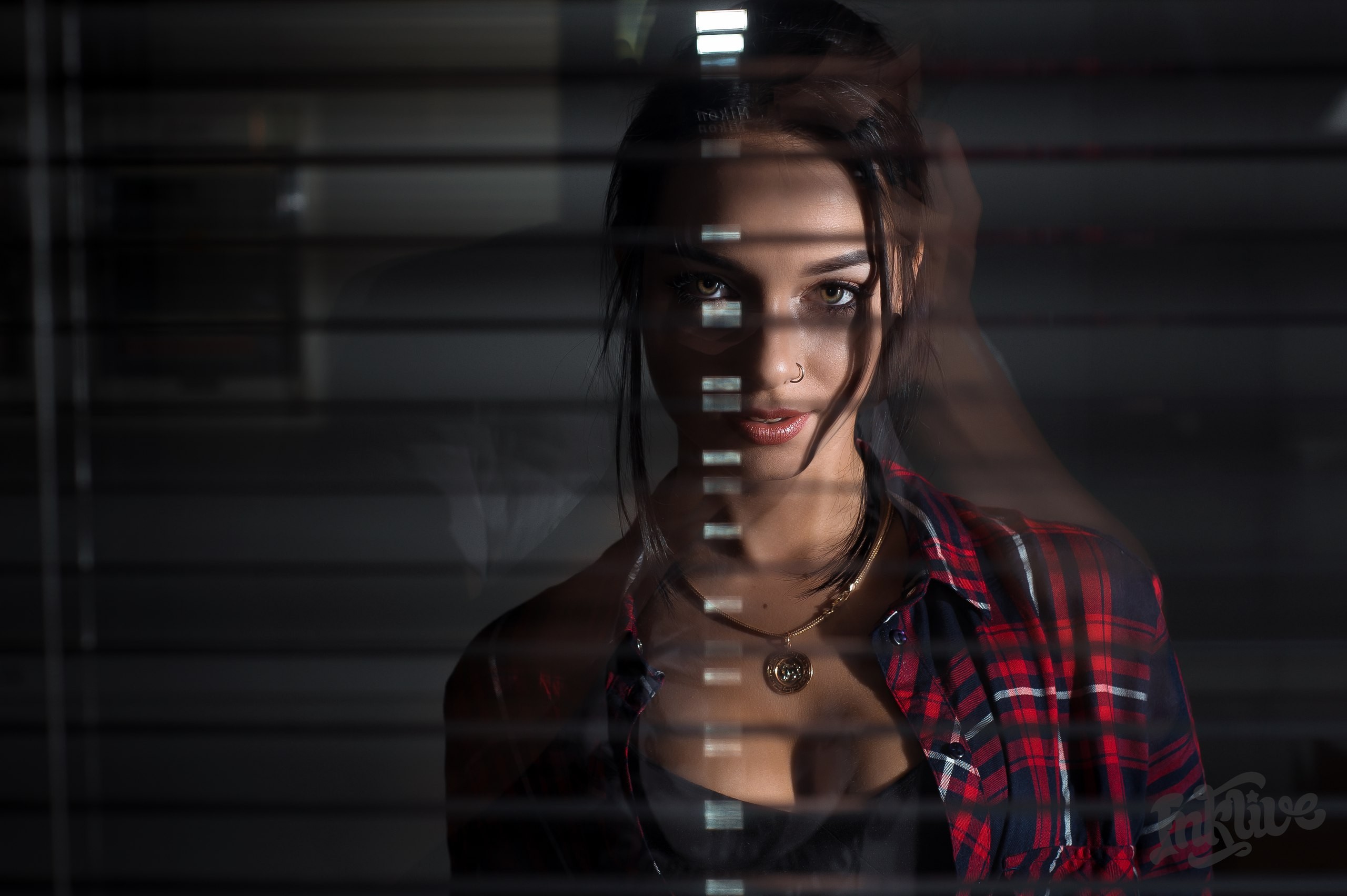 Anastasia Rozhdestvenskay Women Model Face Portrait Brunette Shirt Window Glass Nose Rings Reflectio 2560x1703