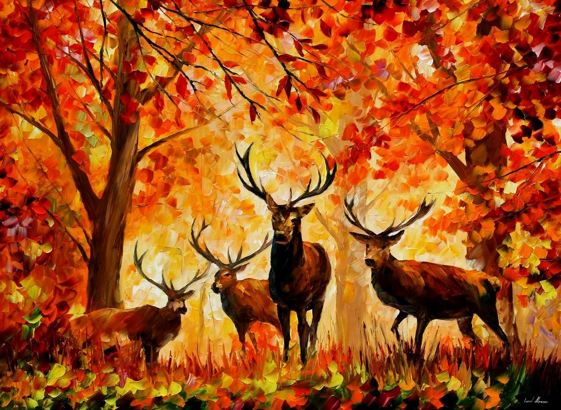 Painting Leonid Afremov Fall Deer Animals Artwork Trees 1146x838