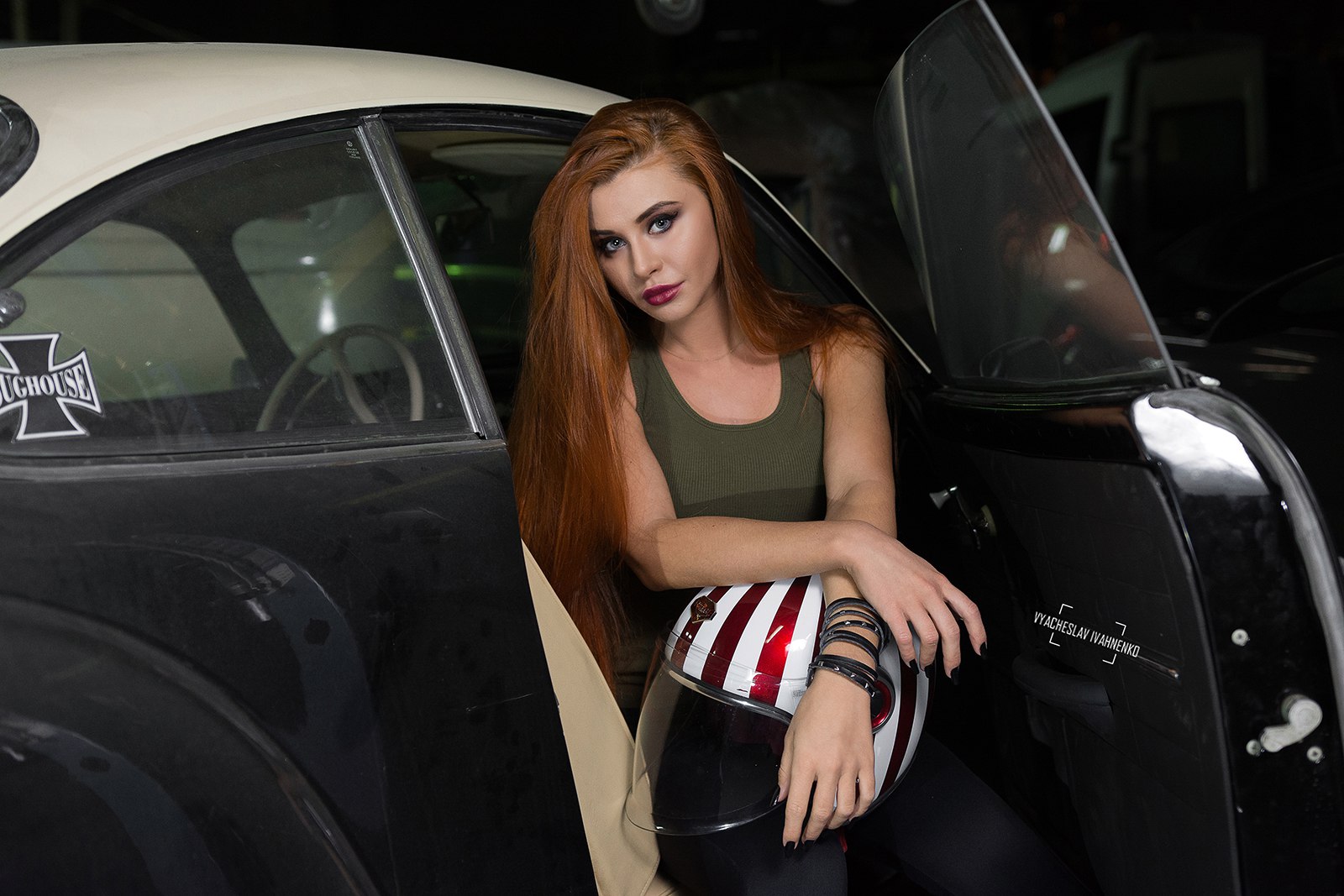 Women Redhead Portrait Car Sitting Helmet Black Nails Dana Bounty 1600x1067