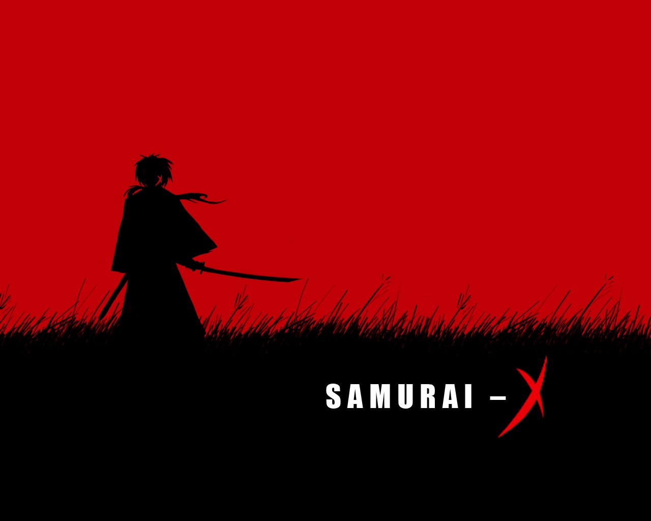 Anime Samurai X Red Background Silhouette 1280x1024