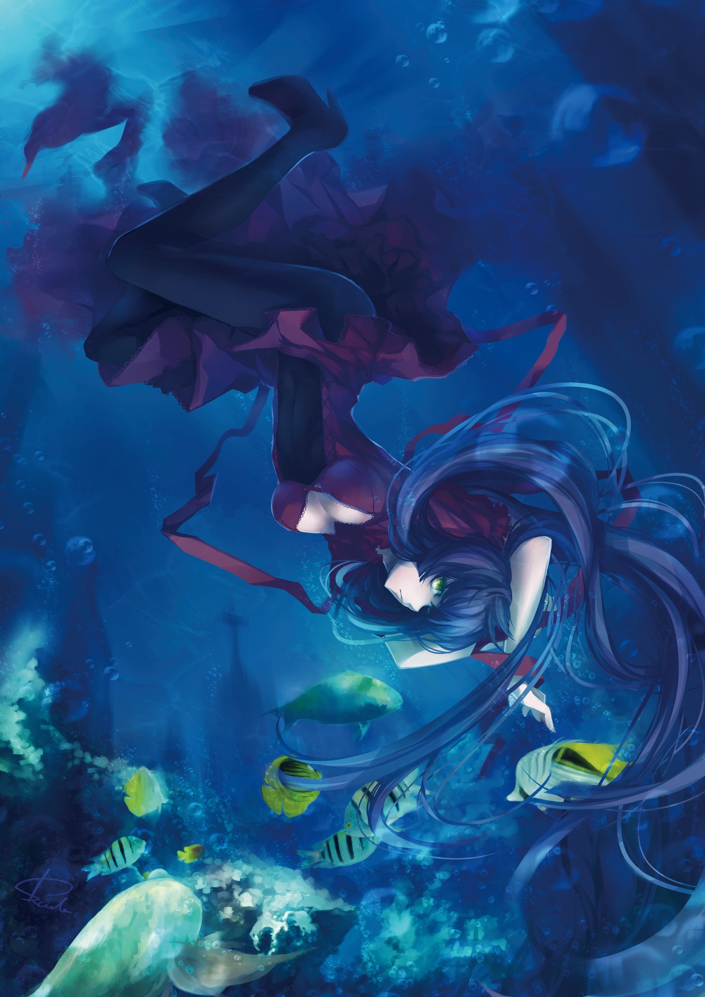 Original Characters Blue Hair Underwater Bubbles Anime Girls Anime 1414x2000