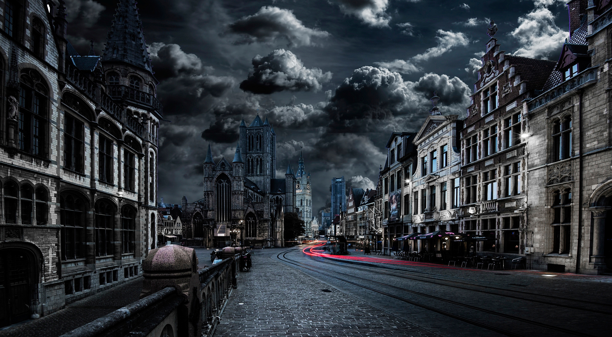 Town Time Lapse Cloud Cathedral Ghent Belgium City Dark Building Architecture Night Blue 1958x1080