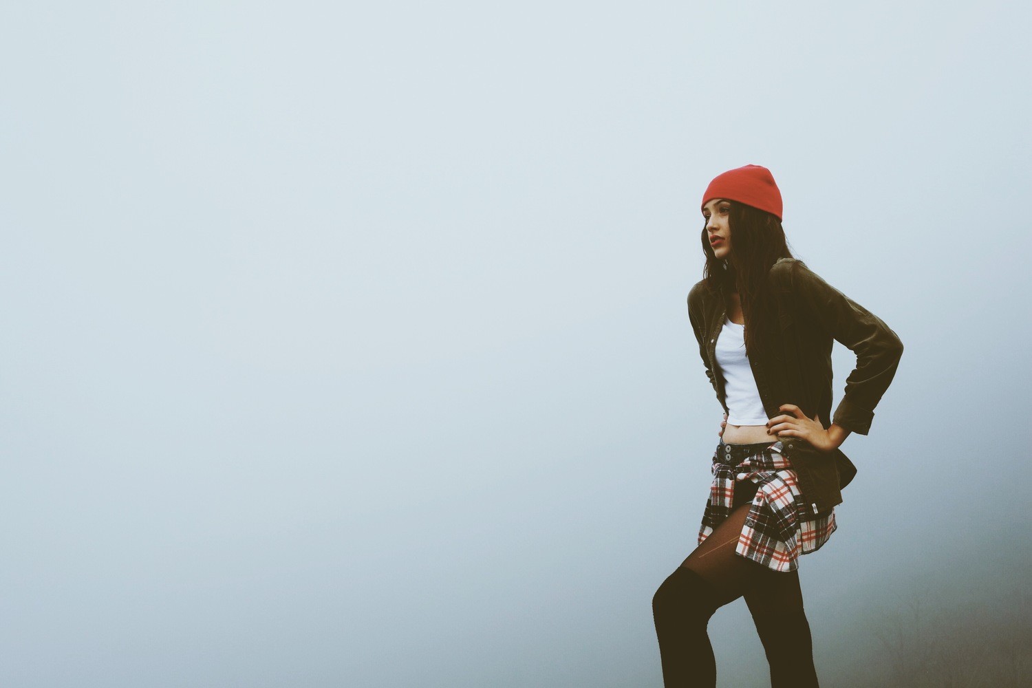 Women Women Outdoors Mist Red Hat Plaid Skirt Knee Highs Hands On Hips Introvert Brunette Simplicity 1500x1000