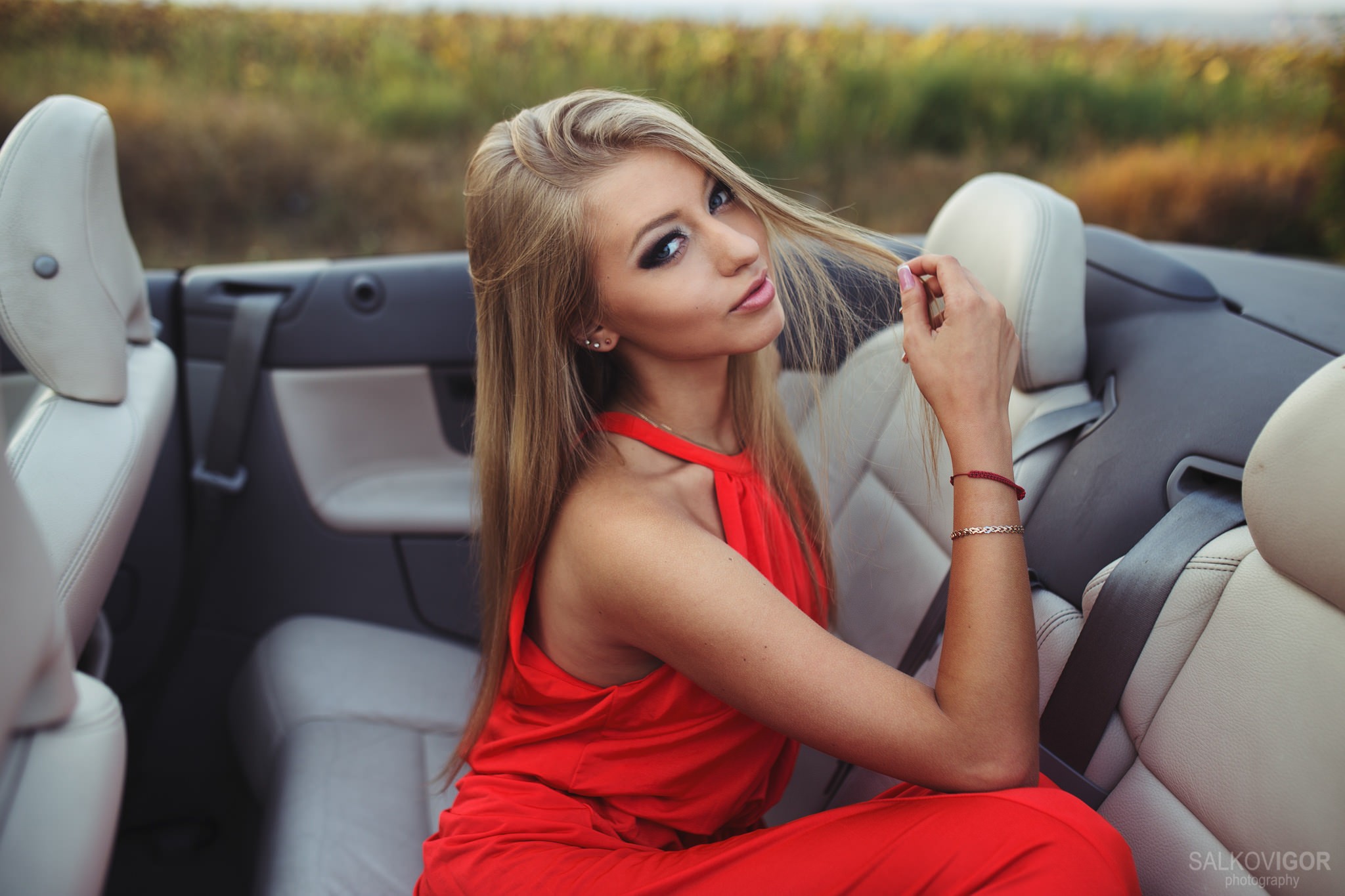 Women Blonde Red Dress Sitting Car Inside A Car Holding Hair Igor Salkov Long Hair Anastasia Ivashch 2048x1365