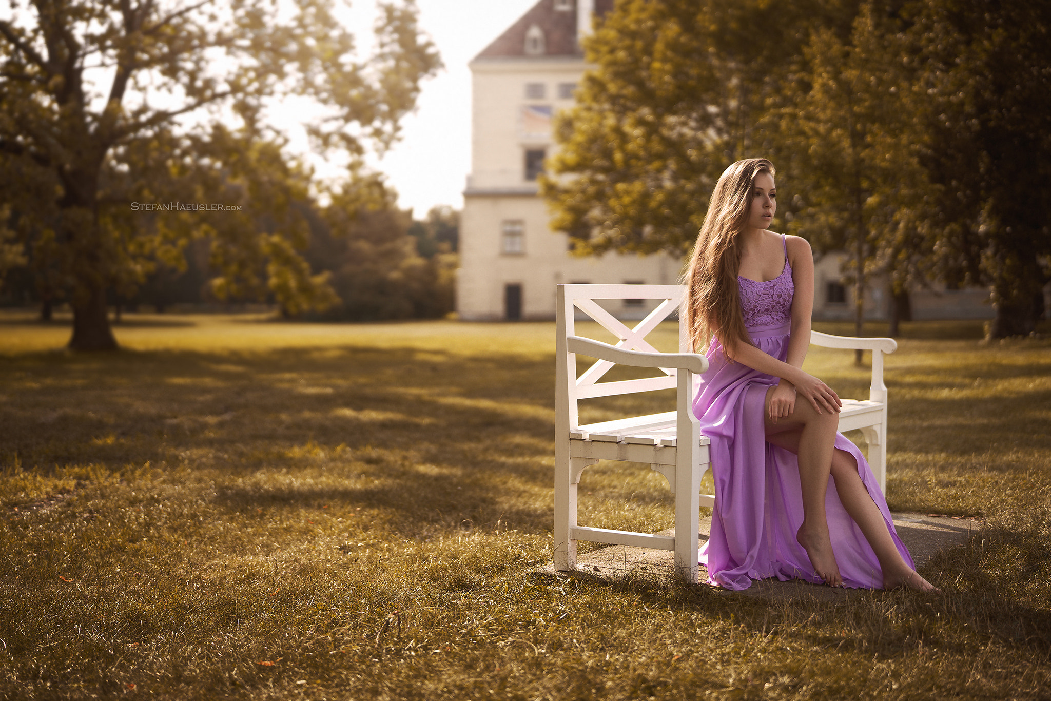Viktoria Stephanie Stefan Hausler Sitting Garden Pink Dress Women Outdoors Bench Barefoot Brunette L 2048x1366