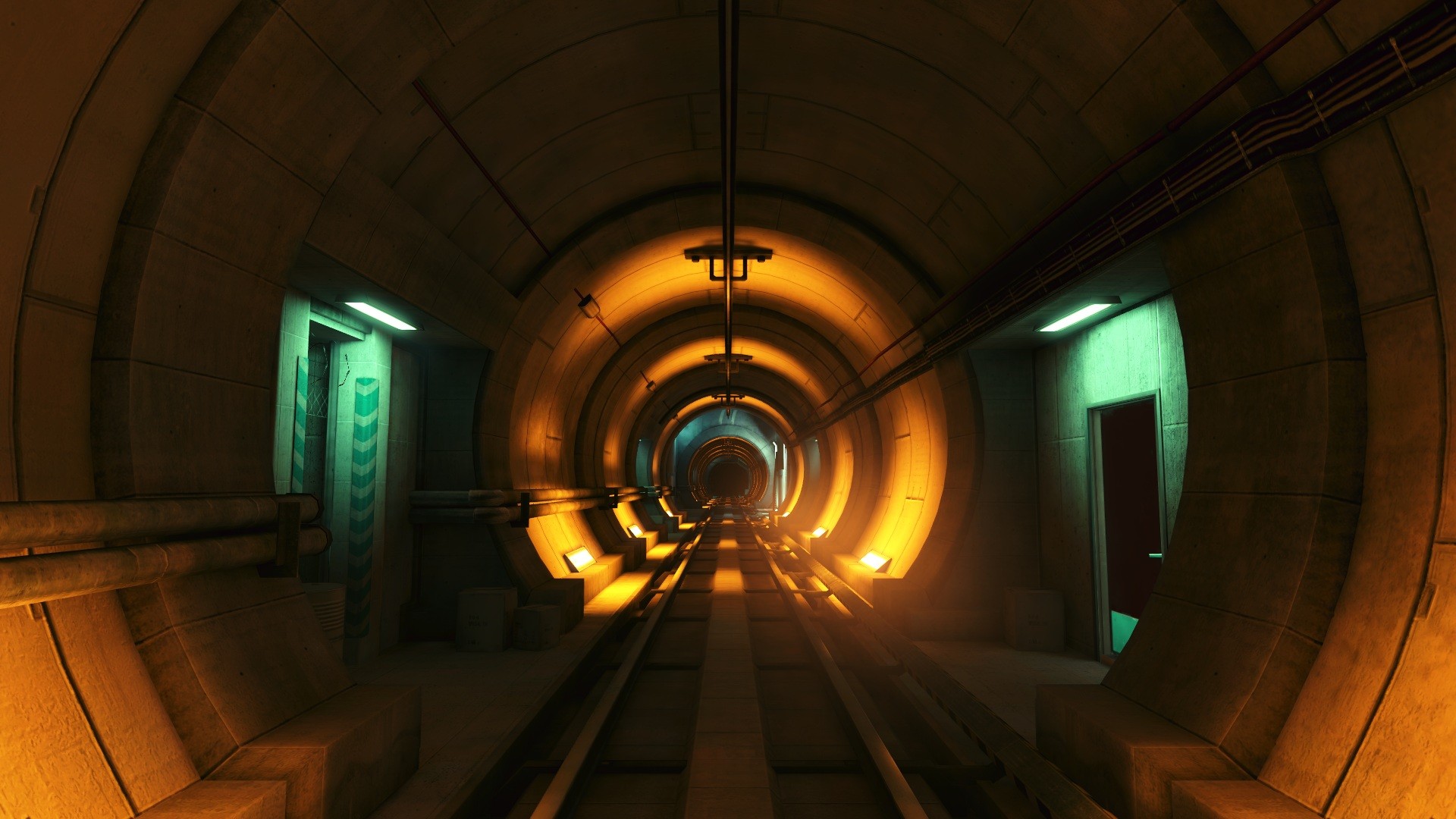 Mirrors Edge Screen Shot Video Games Tunnel Underground Railway Orange Pipes 1920x1080