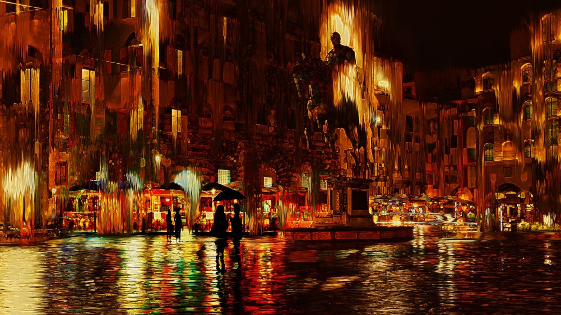 Architecture City Cityscape Building Photo Manipulation Florence Italy Street Statue People Rain Col 1920x1080