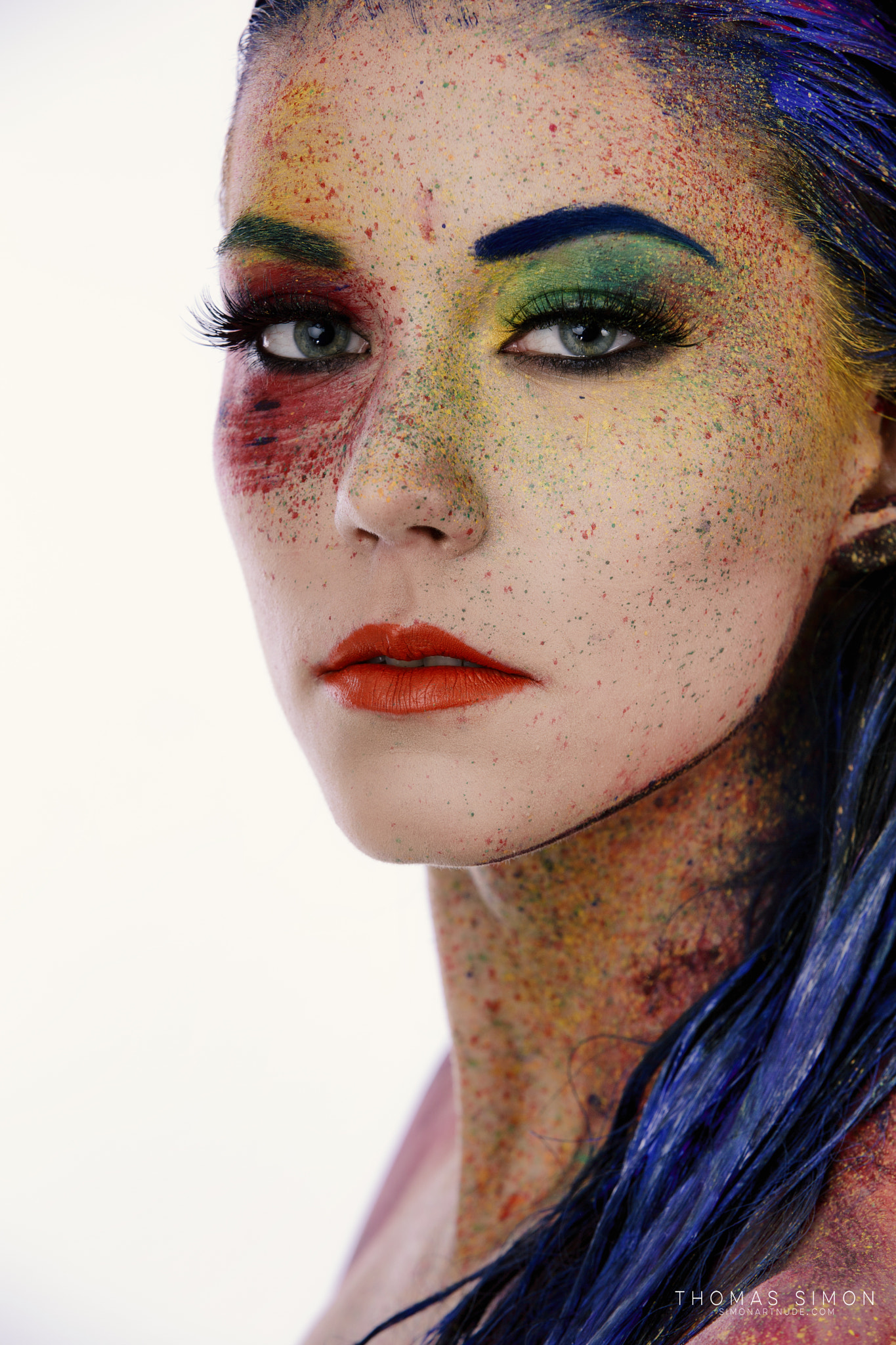 Thomas Simon Women Blue Hair Looking At Viewer Body Paint Face Paint Colorful Makeup Lipstick Splatt 1365x2048