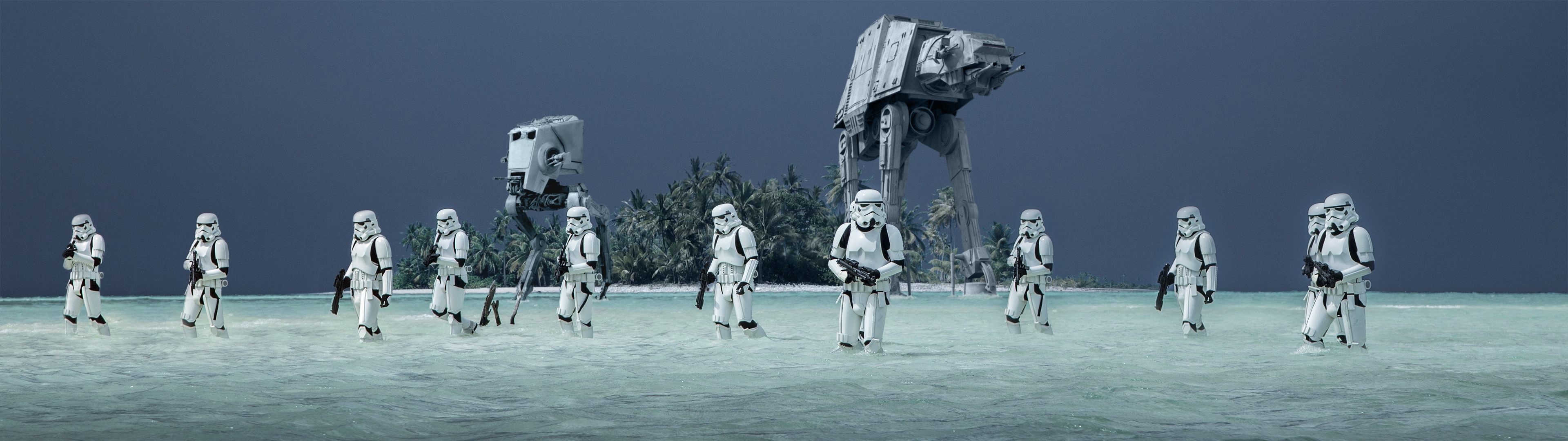 Star Wars Rogue One A Star Wars Story Storm Troopers AT AT Walker AT ST Walker AT ST AT AT Beach Wat 3840x1080