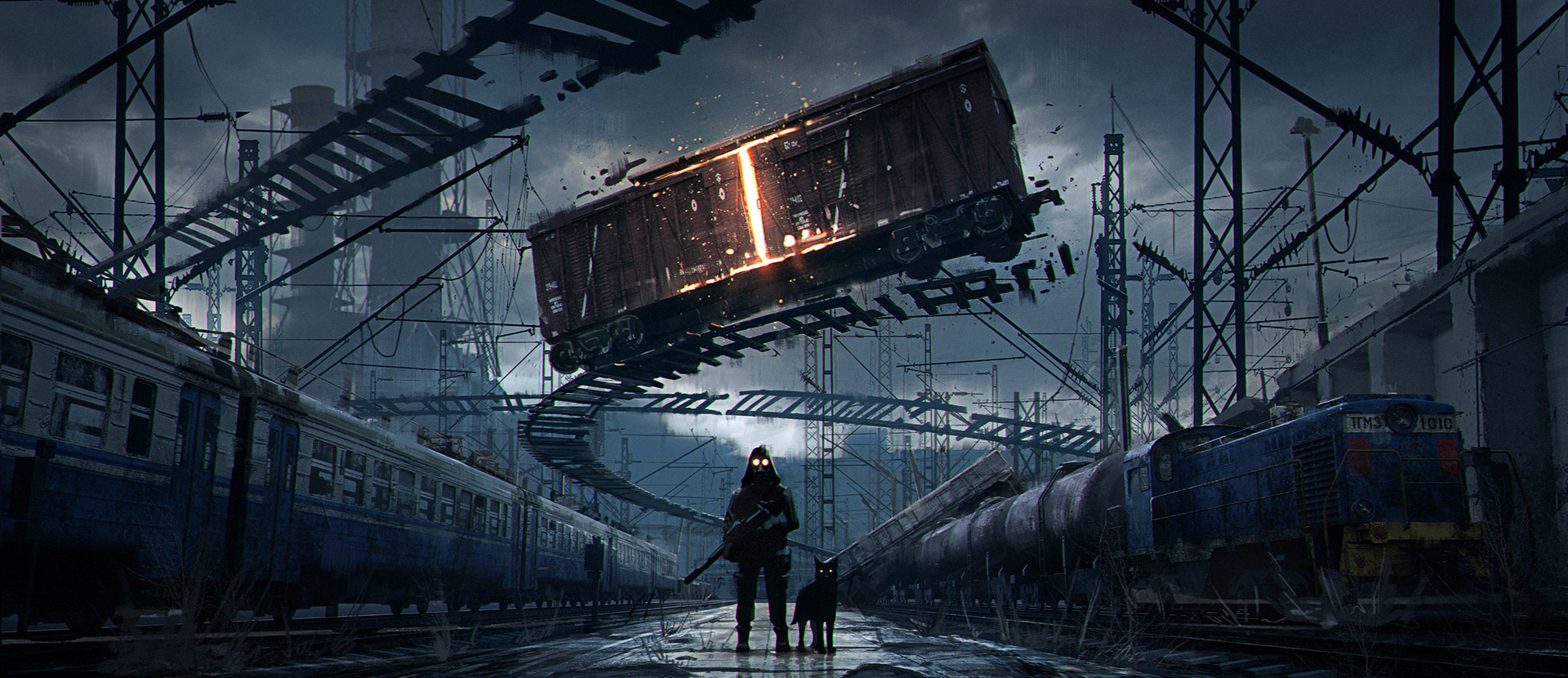 Concept Art Artwork Science Fiction Apocalyptic Digital Art Surreal Environment Gas Masks Dark Train 1920x830