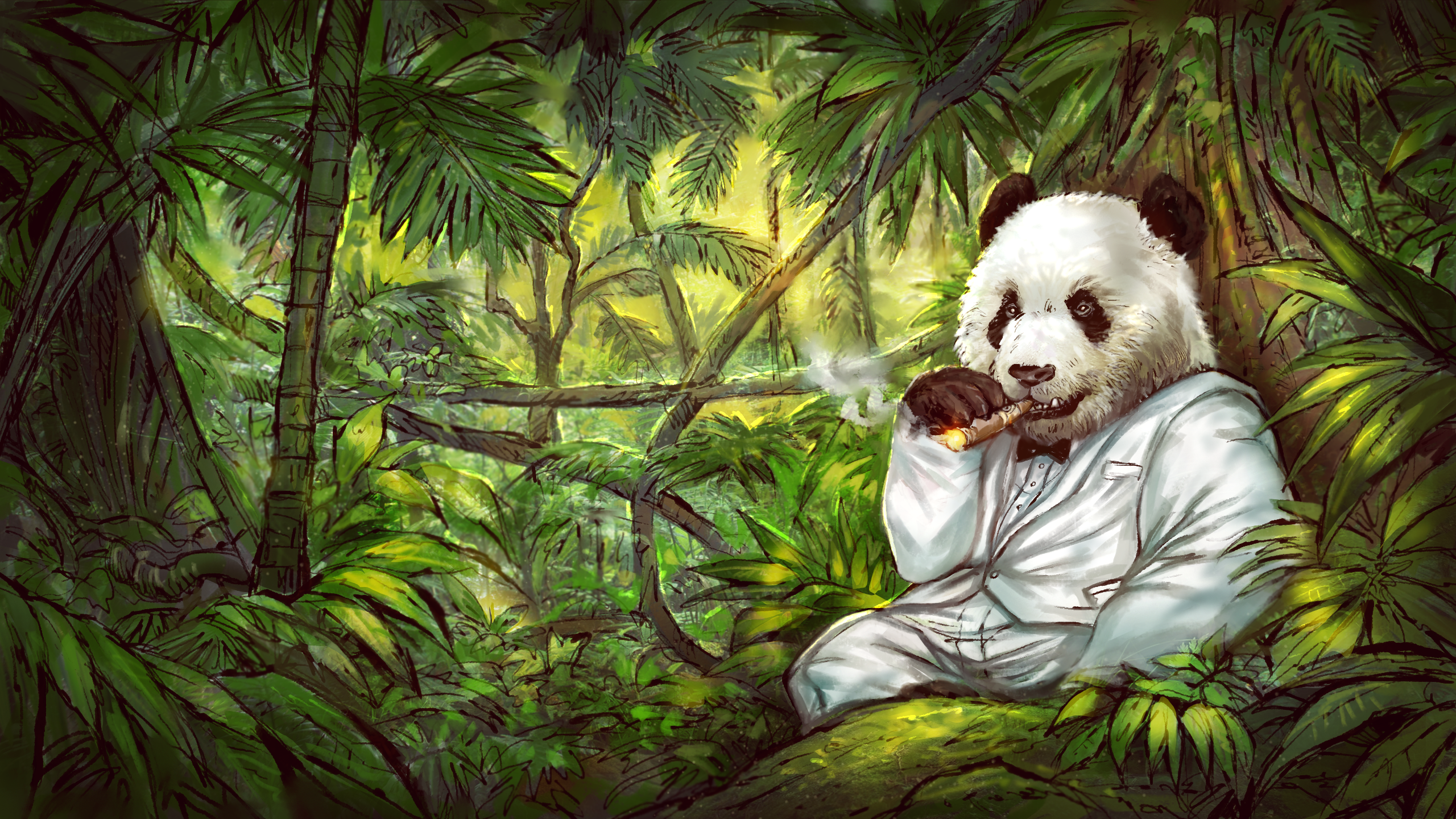 Panda Jungle Cigars Tuxedo Humor Artwork Smoking Green 2560x1440