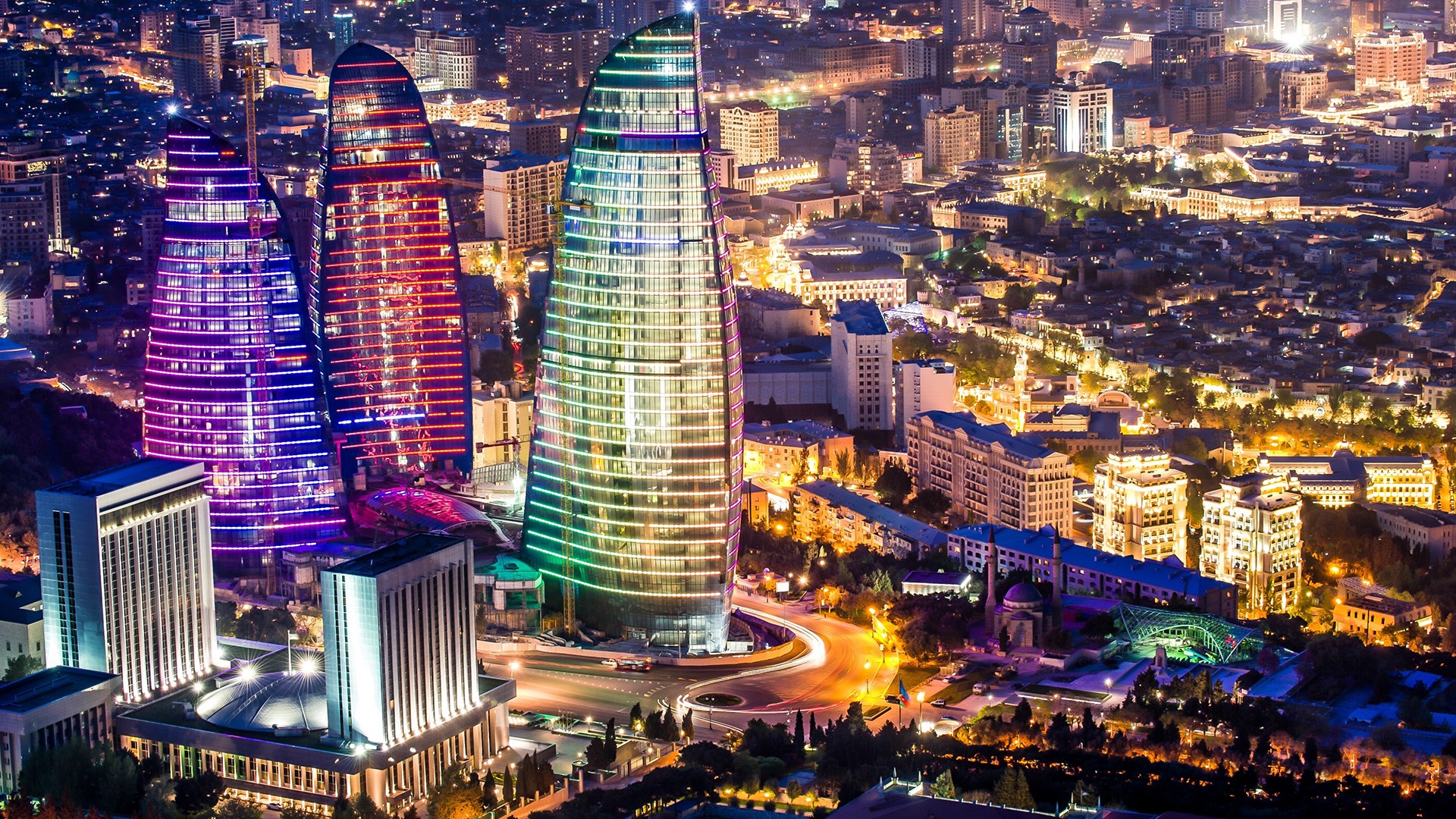 Night Baku City Lights Skyscraper 1920x1080